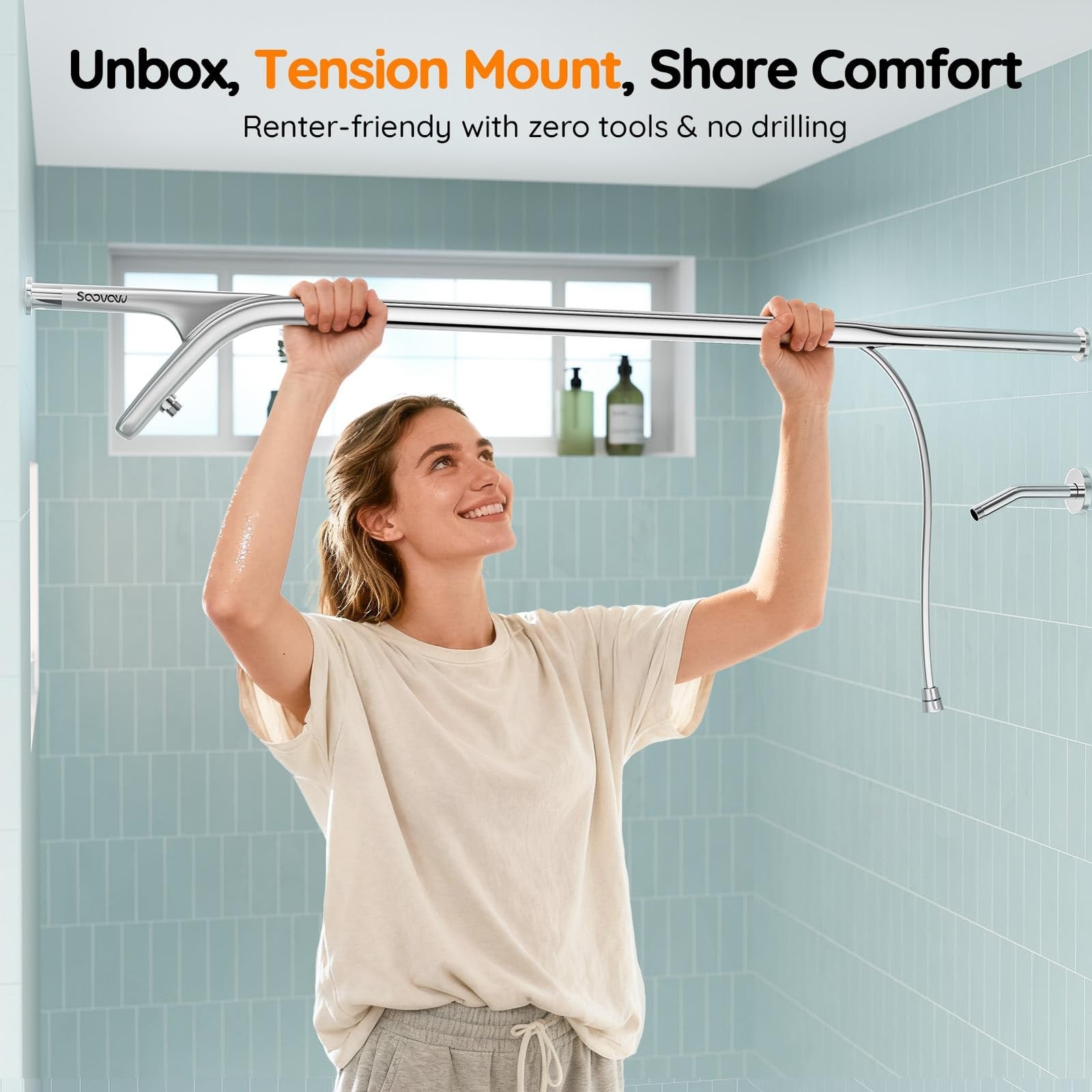 Dual shower head system for couples with two adjustable shower heads, chrome finish, mounted on a bathroom wall.