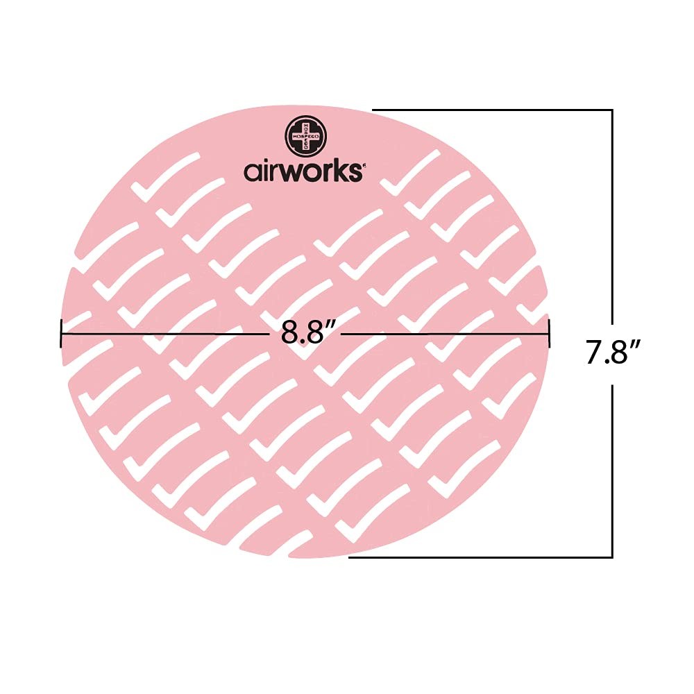 Set of 10 strawberry red Hospeco Airworks Awus004-Bx urinal deodorizer screens, designed to control odors in restrooms.