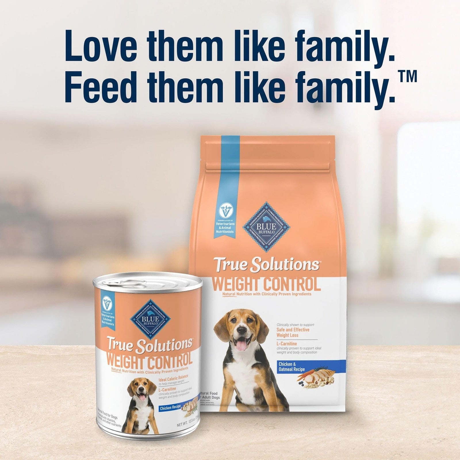 Blue Buffalo True Solutions weight control dry dog food for adult dogs, natural formula in a blue bag.