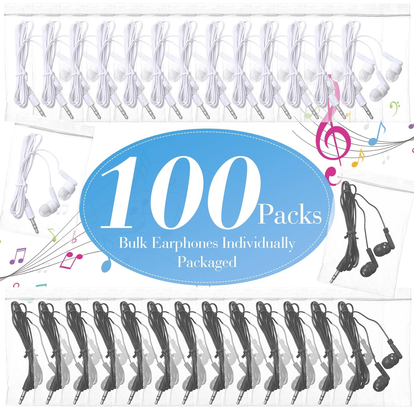 Kanayu 100-pack bulk earbuds with 3.5mm jack, individually bagged, suitable for students, featuring compact earphone design.