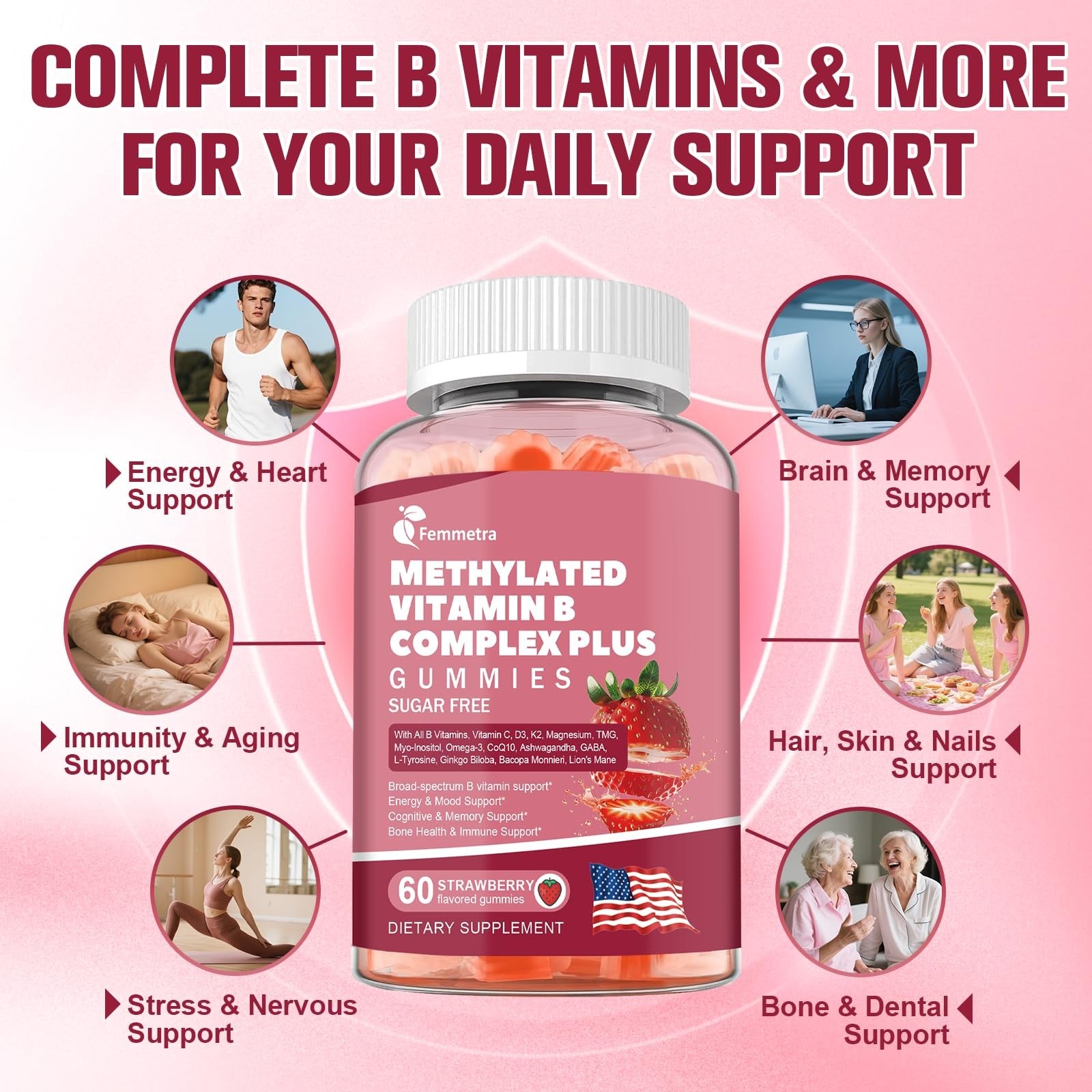 Femmetra Ultra Methylated Vitamin B Complex Sugar-Free Gummies with all B vitamins and vitamin for daily health support.