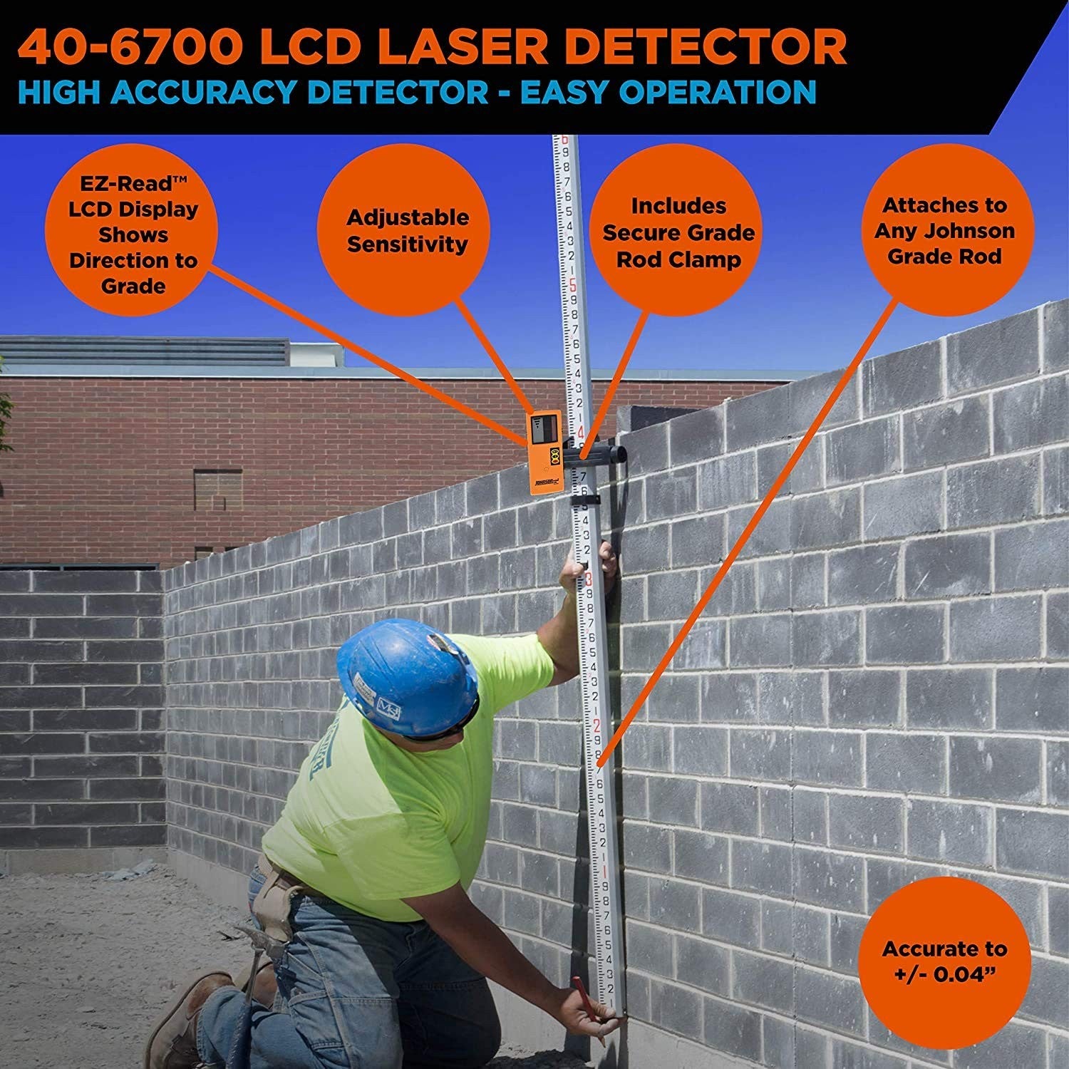 Johnson Level & Tool 40-6700 One-Sided Laser Detector with Clamp for red beam rotation, used for precise laser alignment.