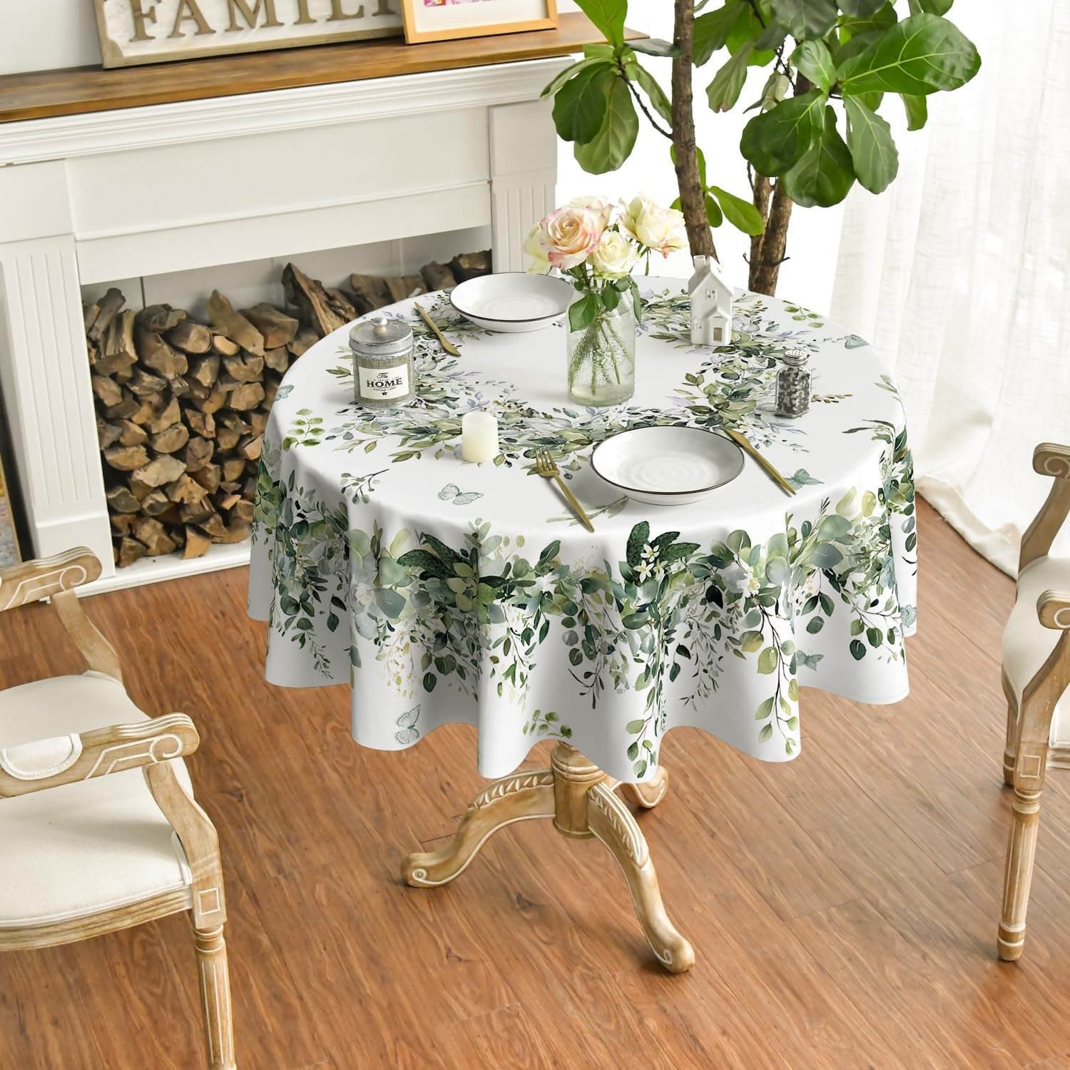 Green eucalyptus-patterned Horaldaily Spring round tablecloth, 90x90 inches, washable, seasonal home decor.