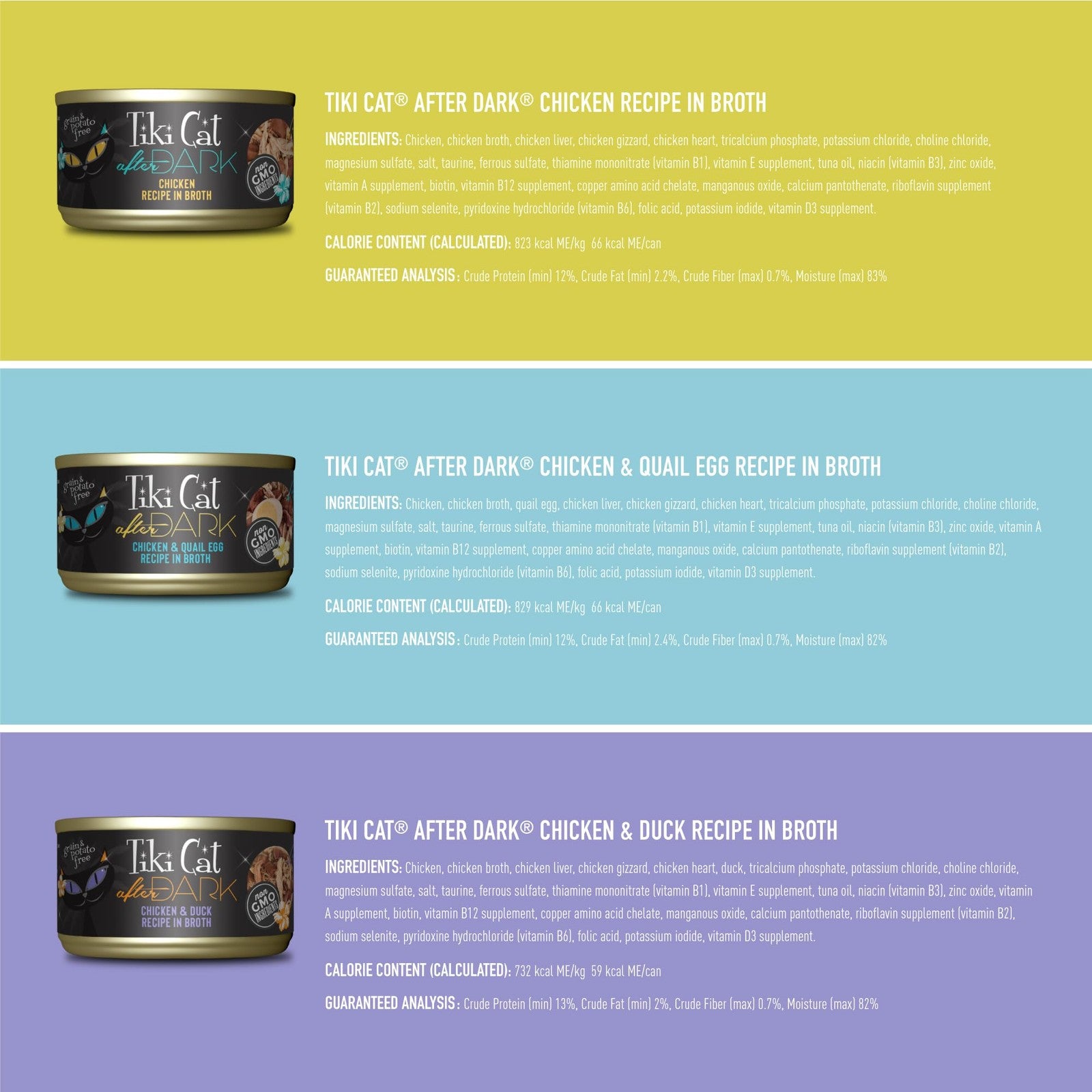Tiki Cat After Dark variety pack of high-protein wet cat food with 18 cans of 2.8oz non-GMO cat food, featuring colorful packaging.