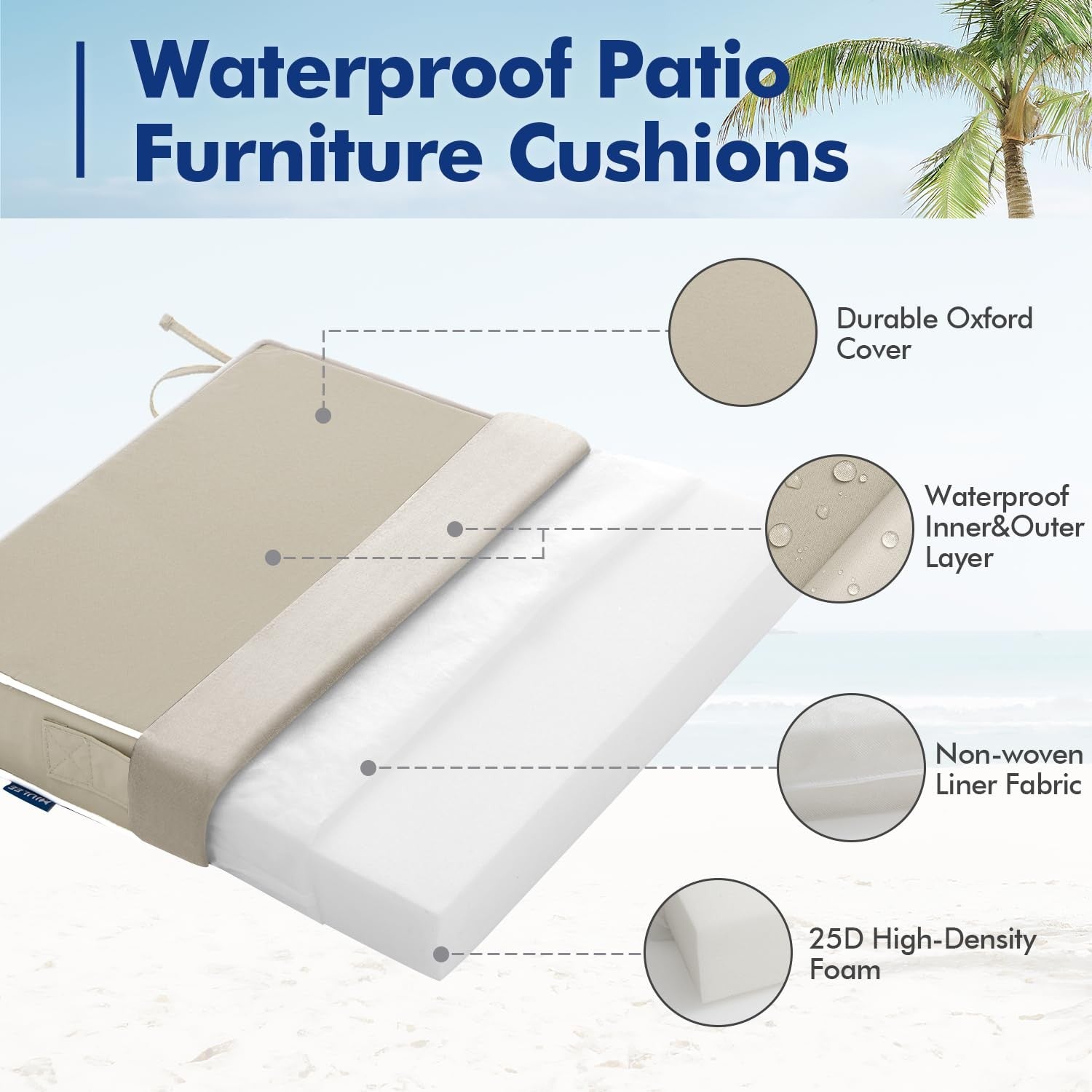MIULEE waterproof outdoor chair cushions set of 2, 22x22x3 inches, soft seat pads for patio or garden furniture