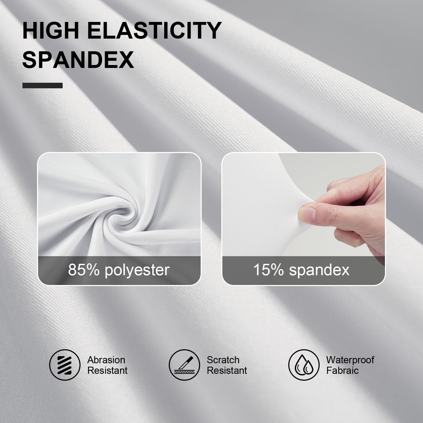 Trlyc 12-piece spandex chair covers for dining chairs, stretch polyester material, fitted for elegant dining room seating.