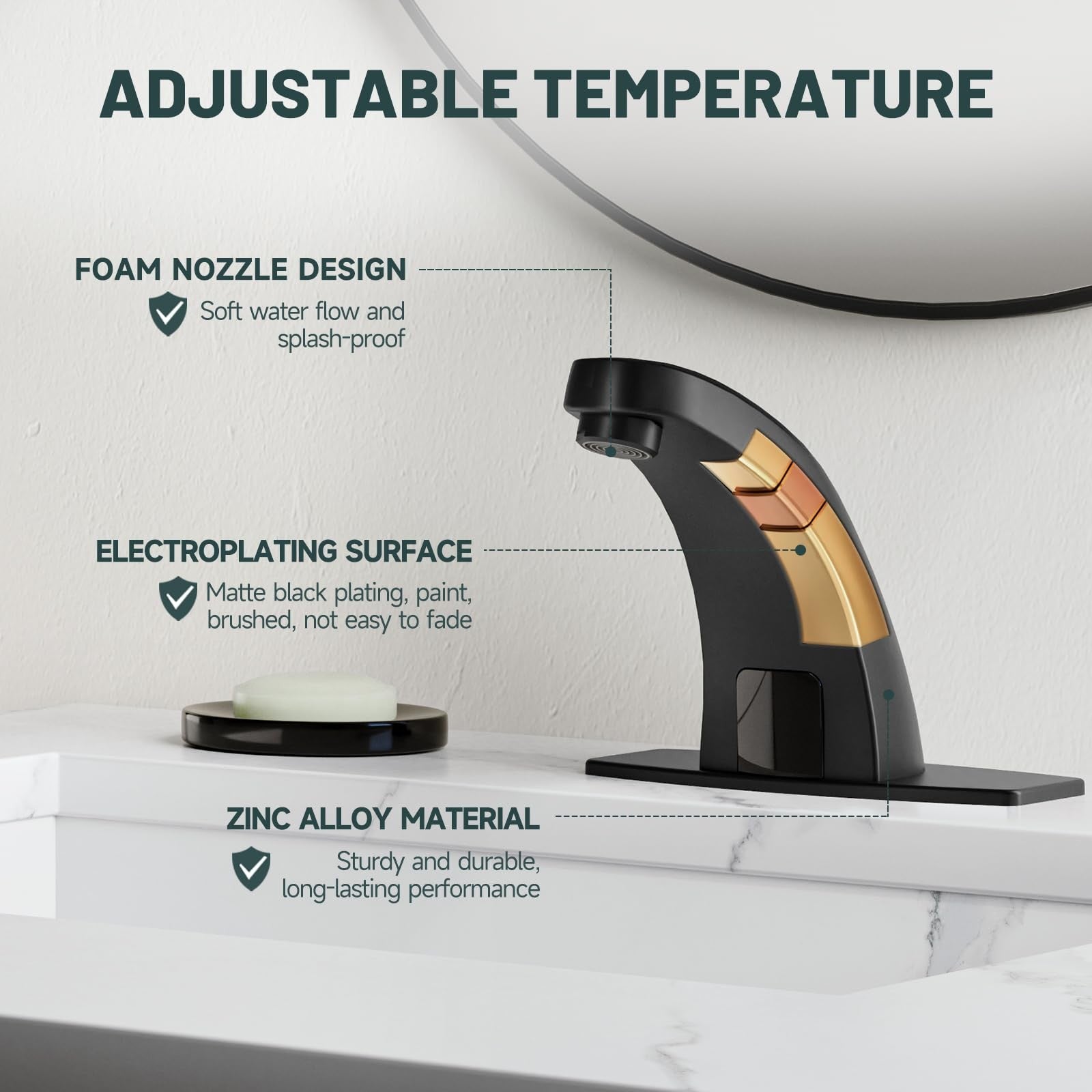 Greenspring touchless bathroom sink faucet with automatic operation, AC/DC power, designed for commercial use in modern bathrooms.