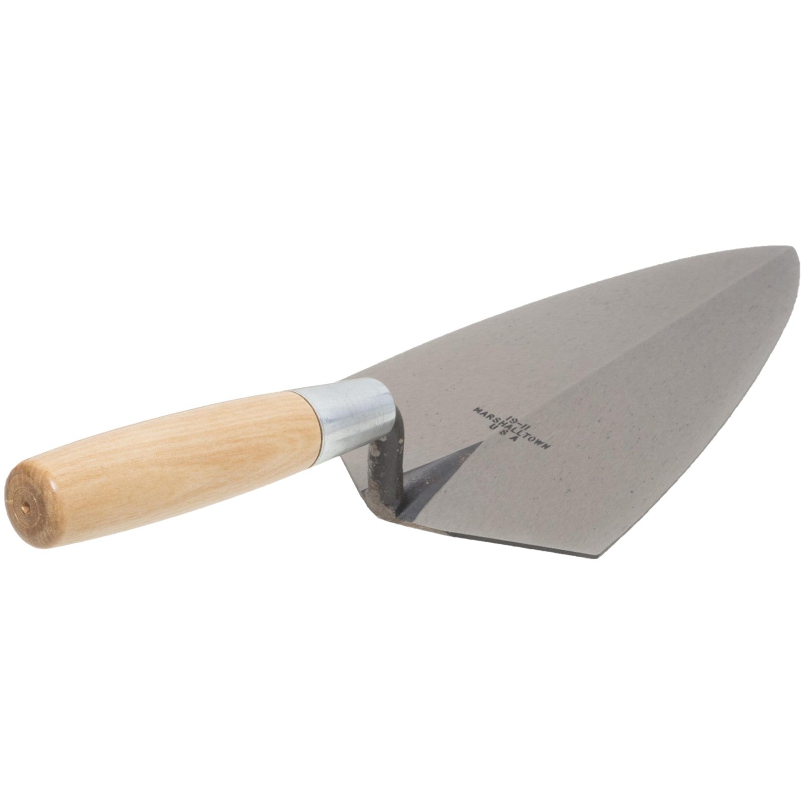 Marshalltown Philadelphia style brick trowel with wooden handle, 10 x 5 inch masonry tool for bricklaying and construction.