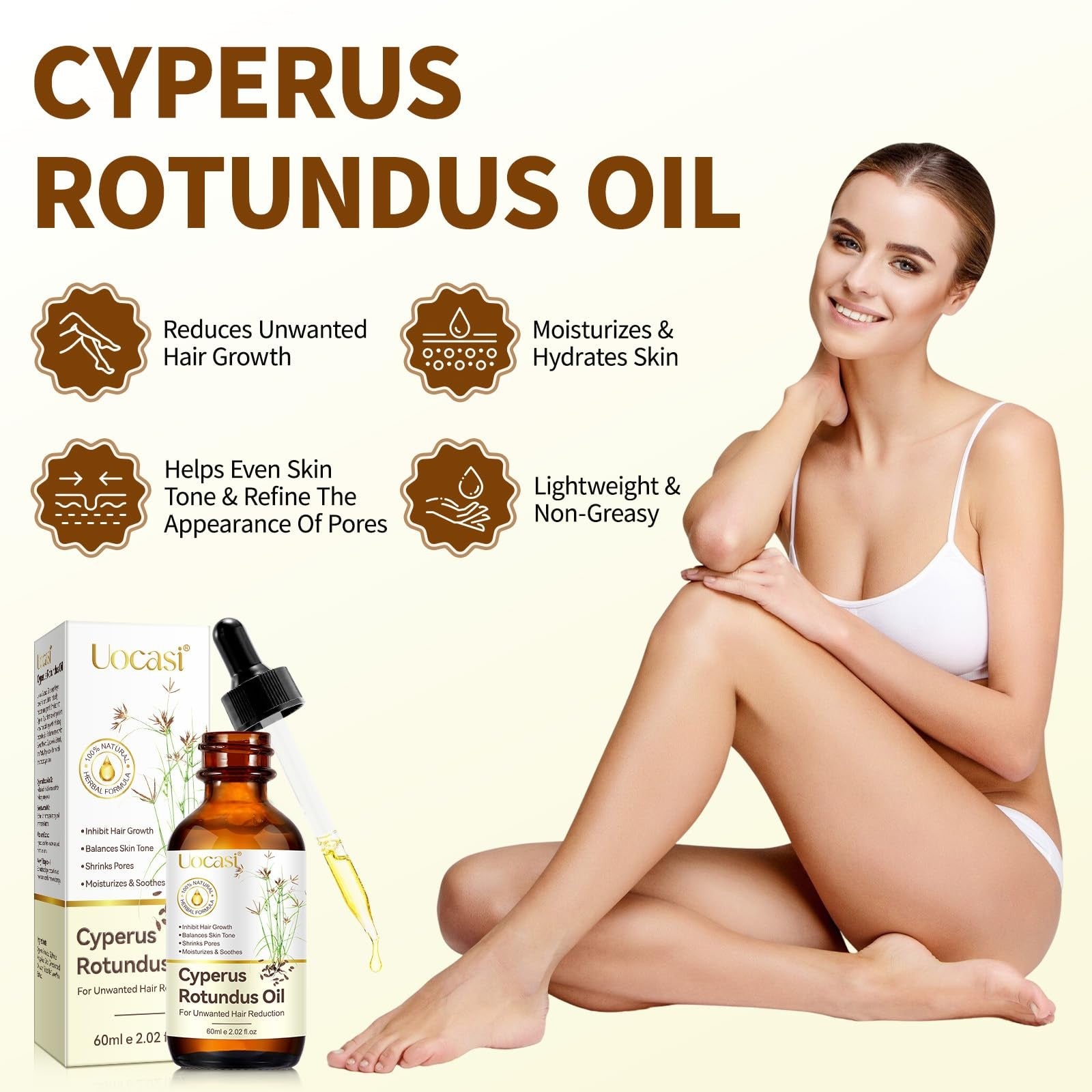 Uocasi Cyperus Rotundus Oil 3-pack, natural Cypress oil for hair removal and skin care, shown in bottles on a neutral background.