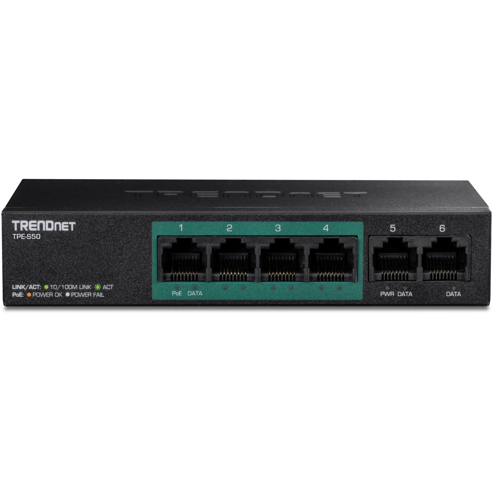TRENDnet 6-port Fast Ethernet PoE+ switch with NDAA compliance and 60W power budget, featuring LED indicators on the front panel.