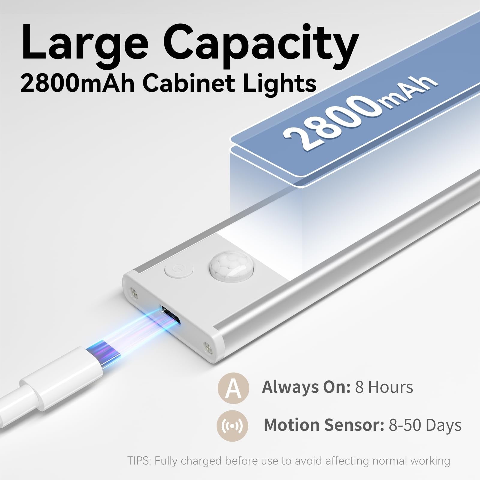 Xinp LED magnetic motion-activated under cabinet lighting installed under kitchen cabinets, showing sleek design and bright illumination