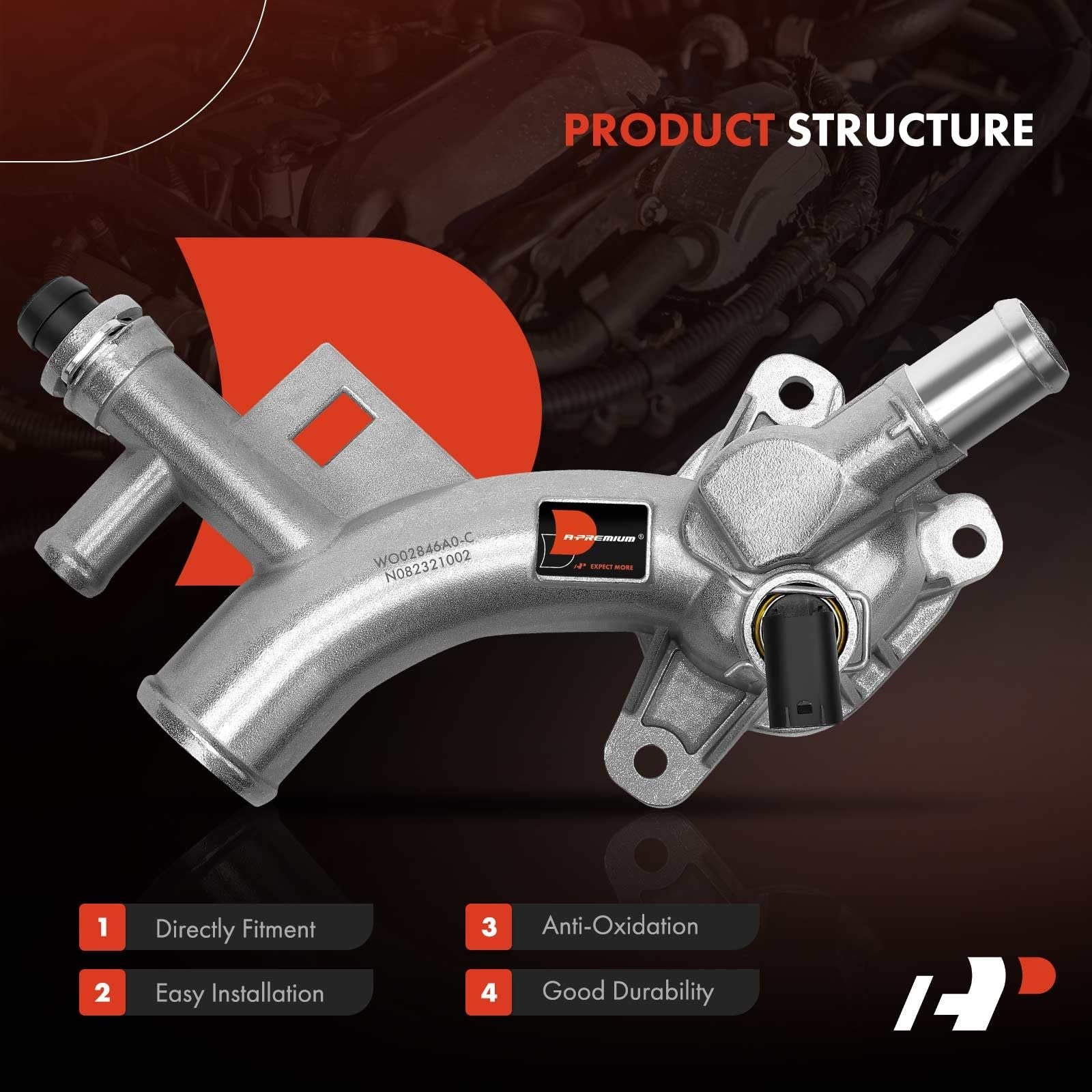 A-Premium aluminum coolant housing water outlet for Chevy Cruze, Sonic, Trax 1.4L engine, showing the metal water outlet component.