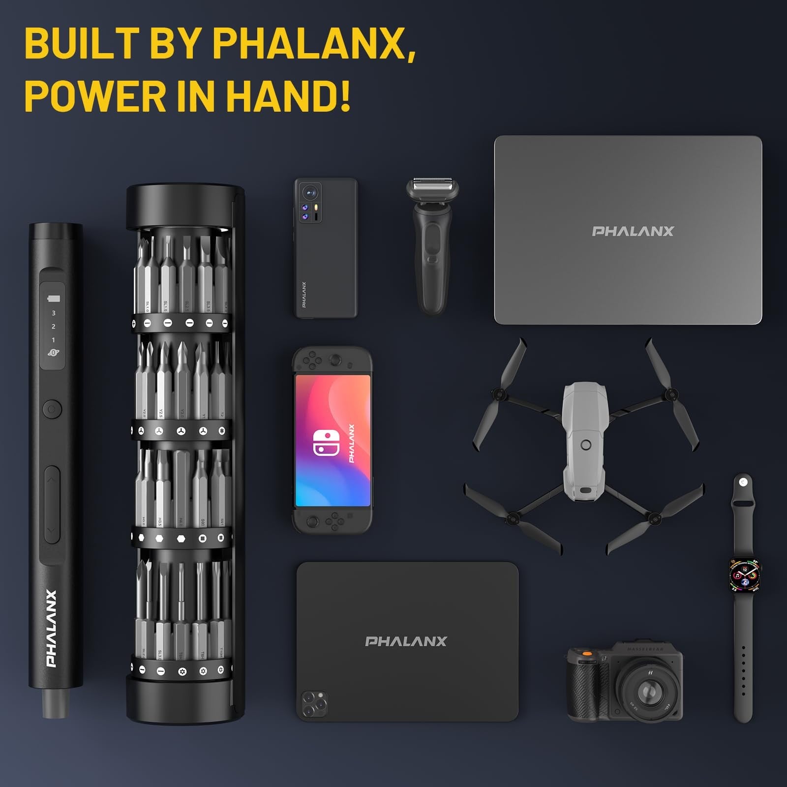 PHALANX Mini 3.7V Electric Screwdriver with 60-in-1 precision screwdriver set and multiple bits shown in the image.