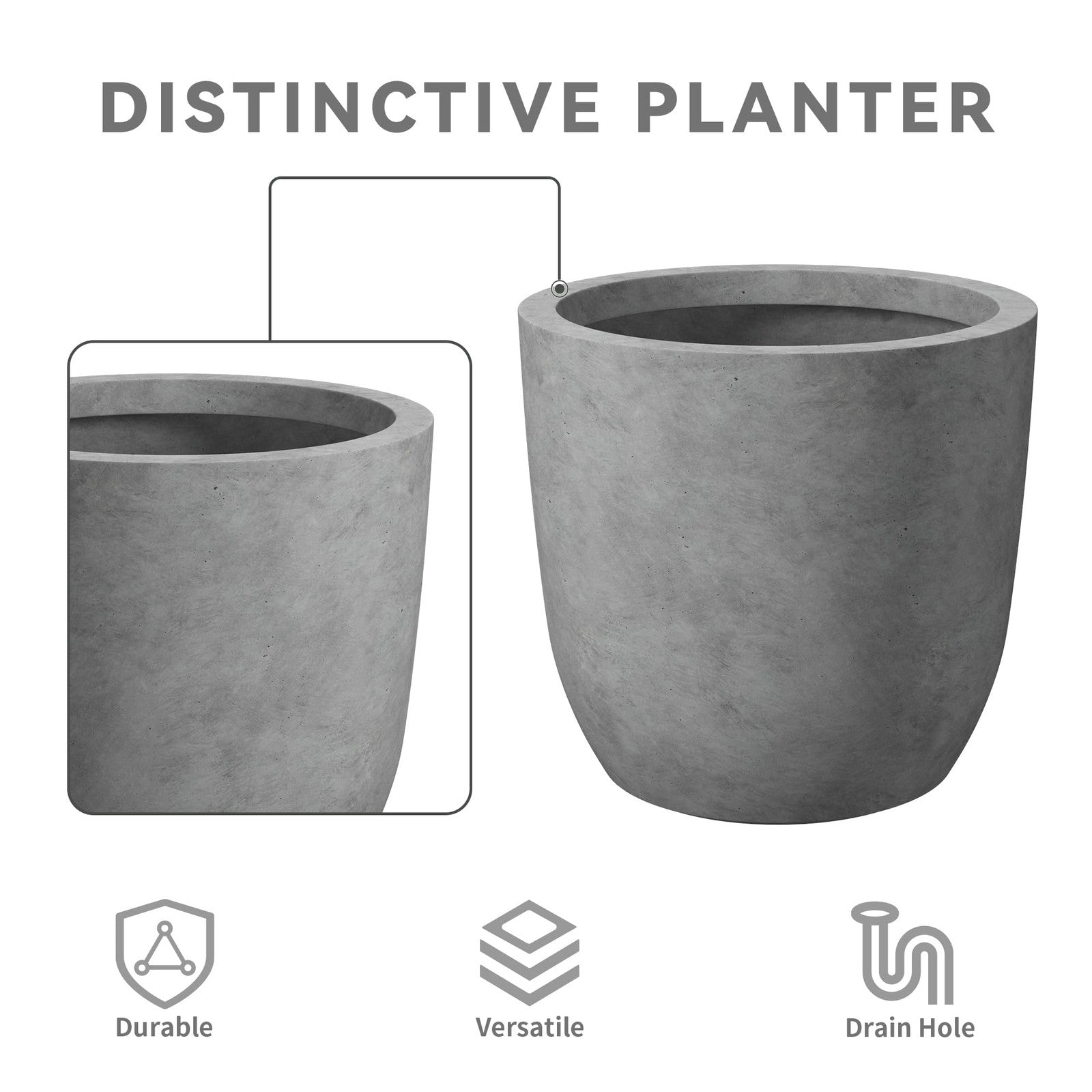 Large round Kante concrete planter with 13.4-inch diameter, modern outdoor and indoor decorative garden pot.