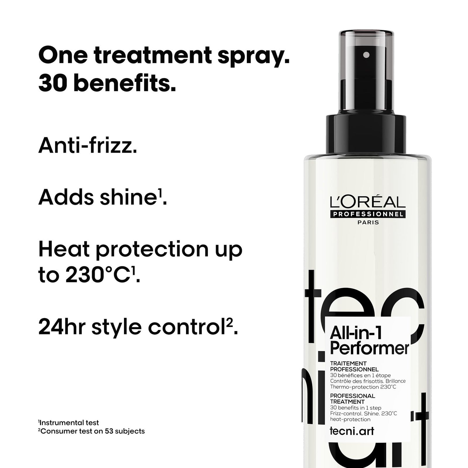 L'Oréal Professionnel Tecni.art All-in-1 Performer styling spray bottle with spray nozzle and product label visible.