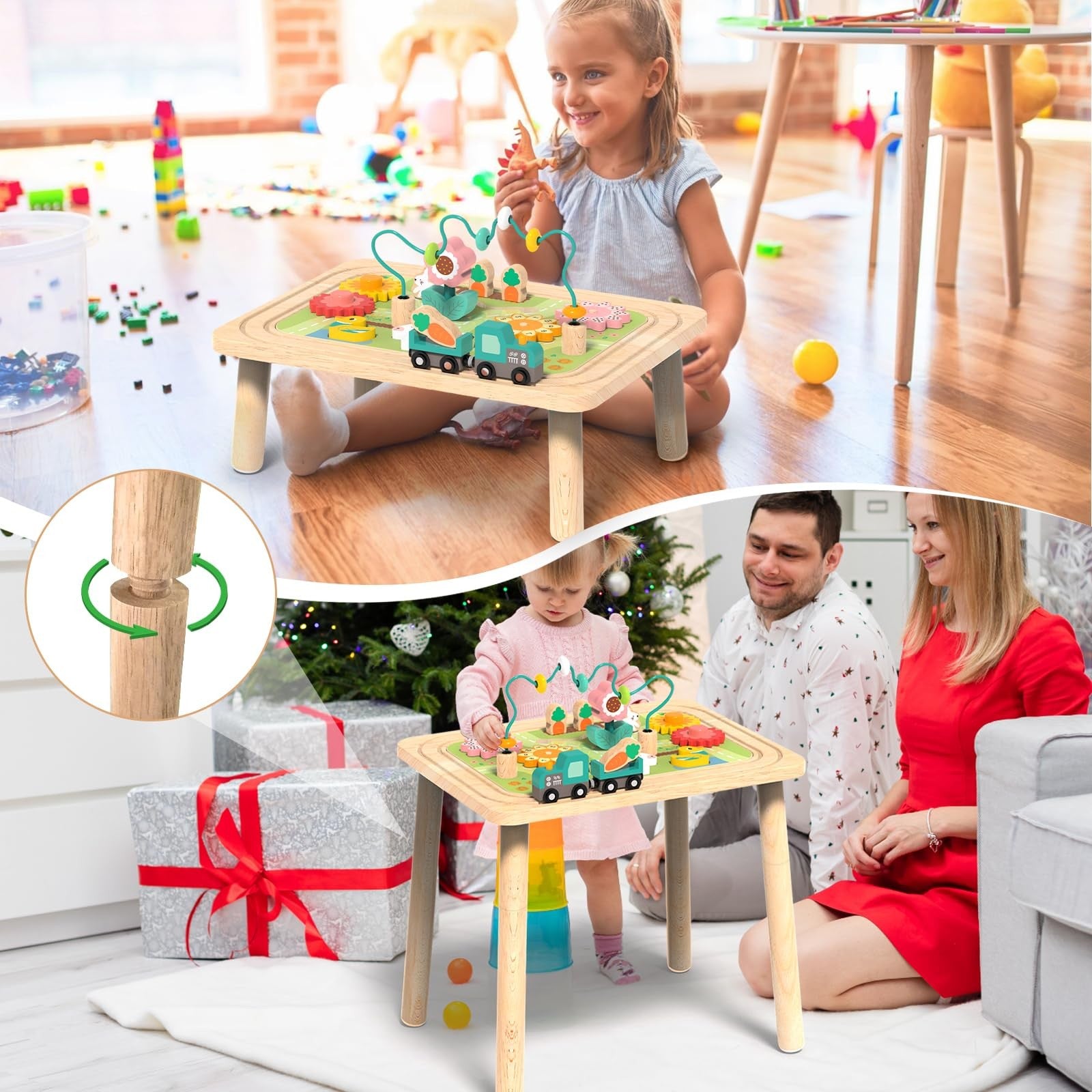 Wiqins 3-in-1 baby activity table for 6-36 months, wooden activity center with colorful toys and interactive features for young children.