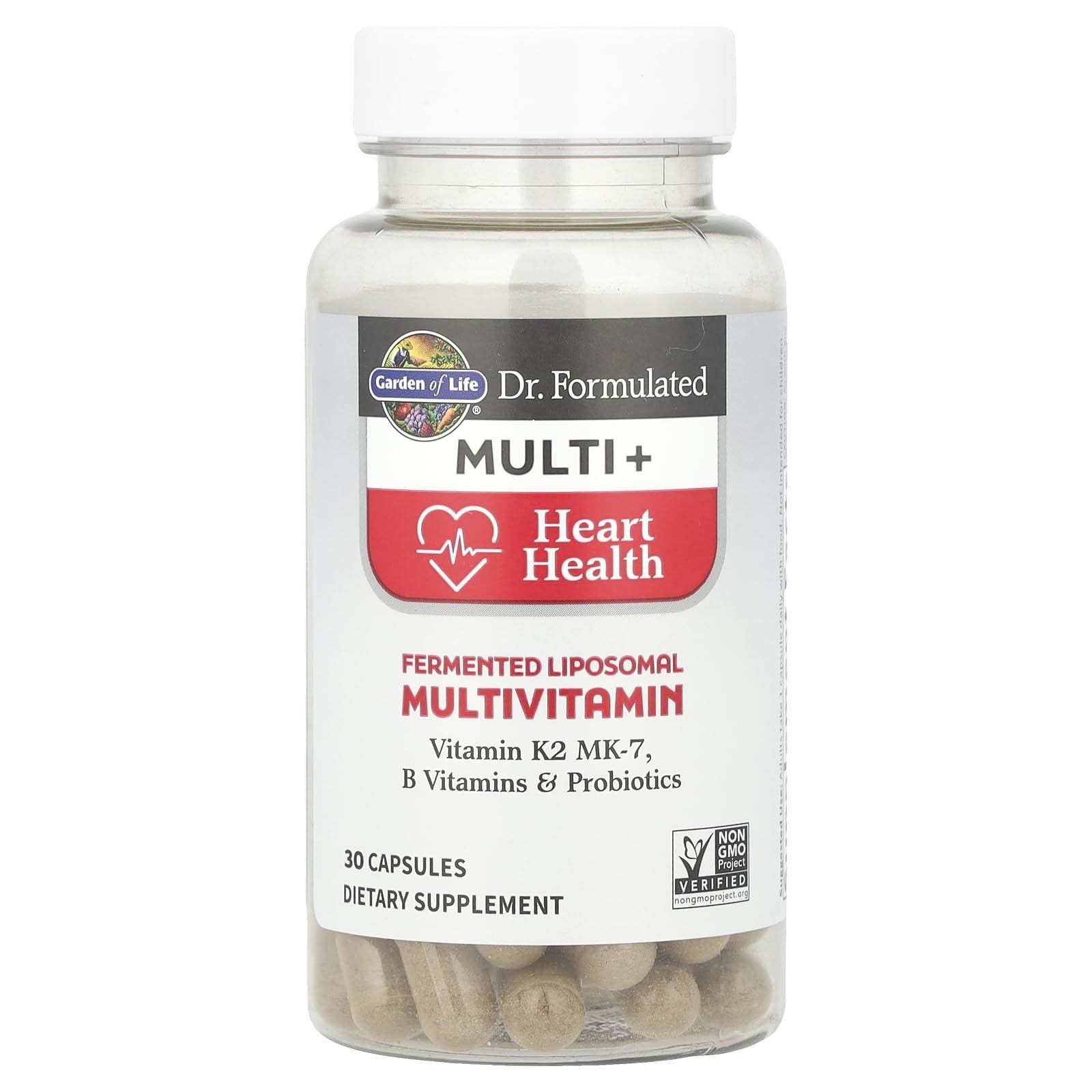 Garden of Life Dr. Formulated Multi+ Heart Health fermented liposomal multivitamin bottle with colorful label and cap.