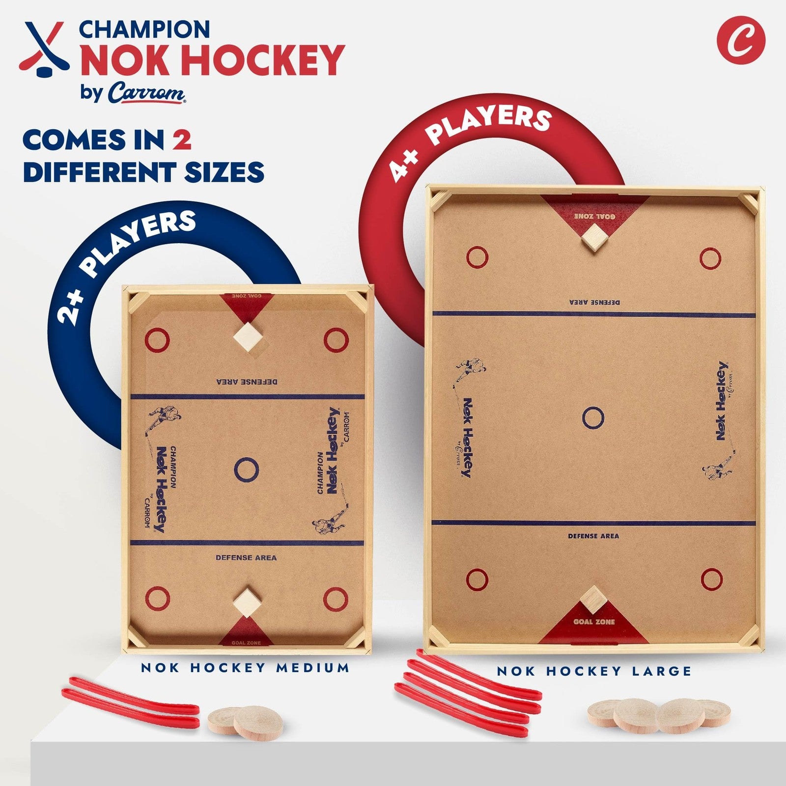 Carrom Champion Nok Hockey game on wooden board, standard size, for adults, featuring two hockey pucks and striker pieces.