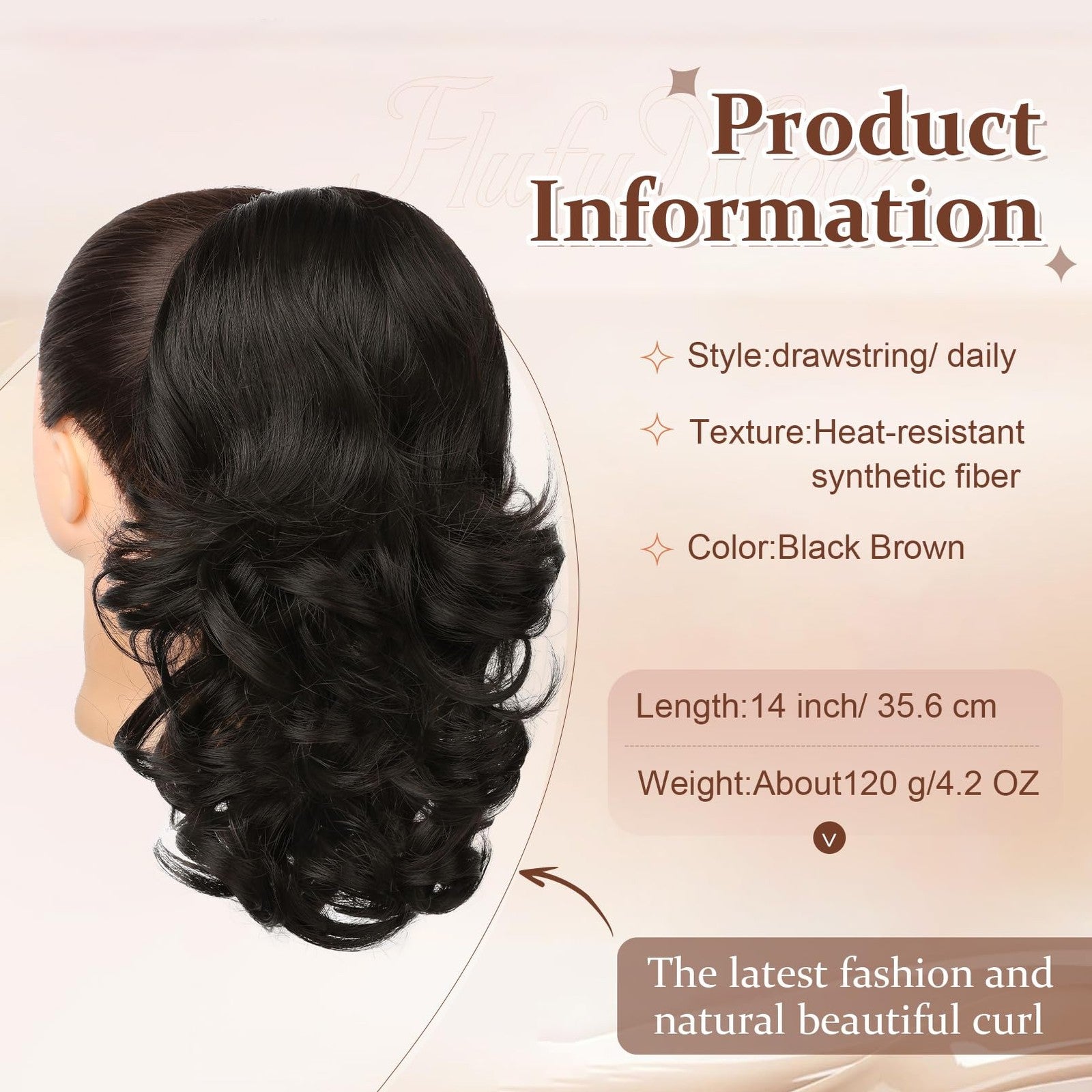 Flufymooz 14-inch short drawstring ponytail extension in natural hair color, styled with a sleek, voluminous ponytail.