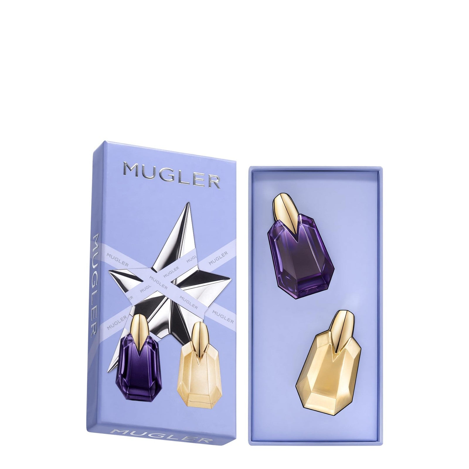 Mugler Alien and Alien Goddess women's fragrance mini gift set with floral and woody scent bottles and packaging.