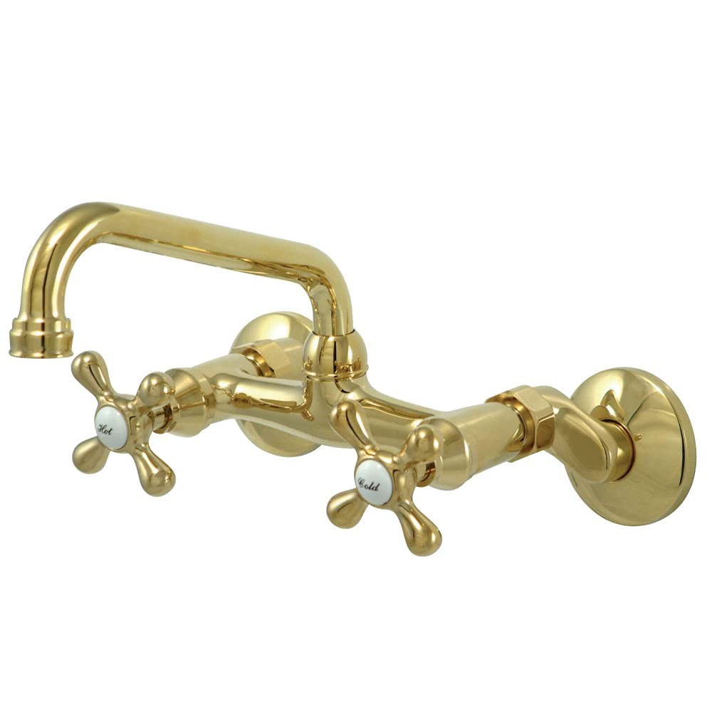 Victorian-style Kingston Brass KS213PB wall mount kitchen faucet with two handles and 7-inch spout, featuring polished finish.