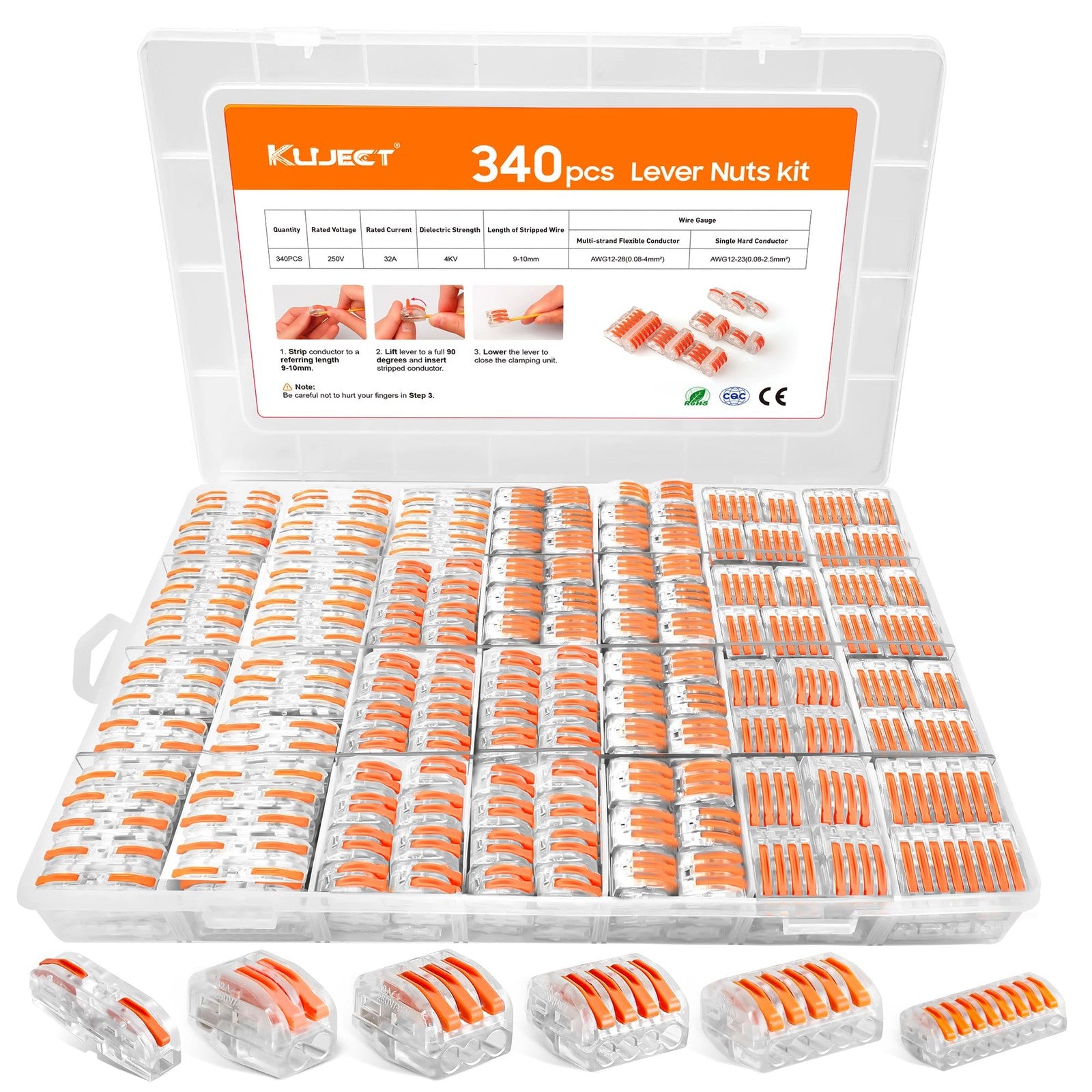 Kuject 340PCS lever wire connectors kit with 2 to 8 conductor combinations, suitable for electrical wiring and wiring harnesses.