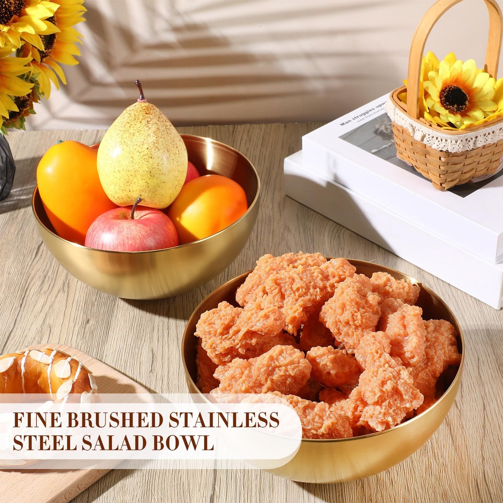 Set of six Nuogo stainless steel mixing bowls with decorative gold finish, showcasing shiny, round, and stylish kitchen essentials.