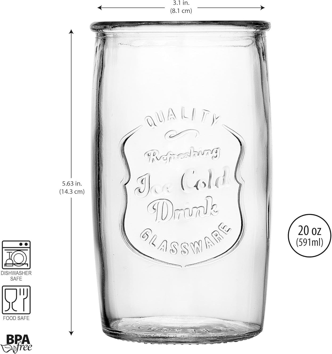 Set of 8 Glaver's highball glasses, 20 oz stemless tall drinking glasses for beverages, shown stacked and clear.