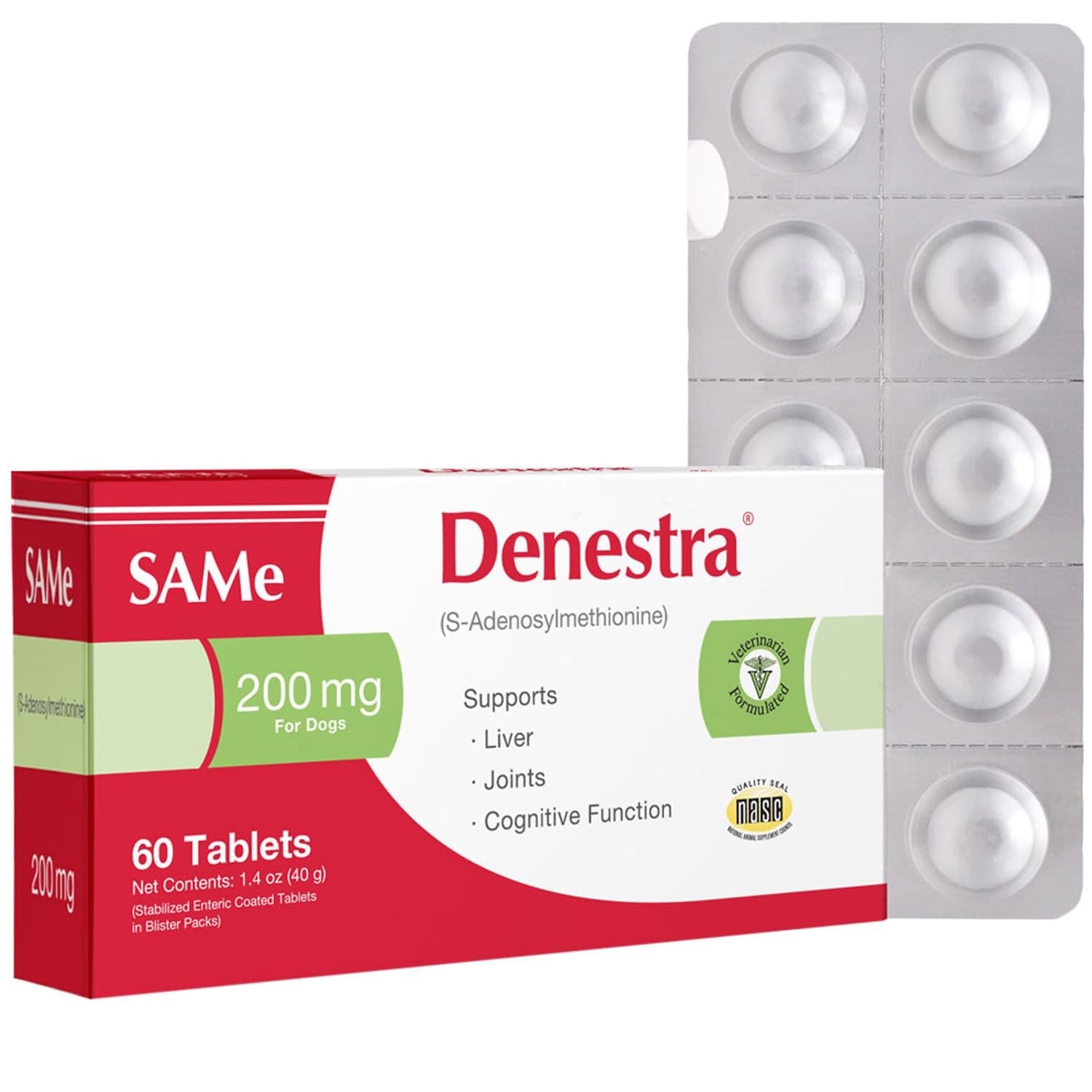 Denestra liver and joint supplement for dogs, featuring S-Adenosyl-L-Methionine, in a packaging with tablets and supplement label.