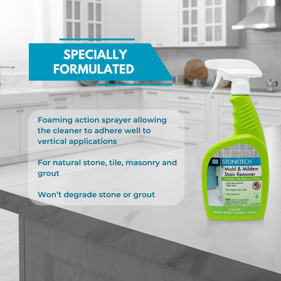 Laticrete StoneTech Mold and Mildew Stain Remover Cleaning Kit for kitchen, patio, and shower surfaces, with cleaning tools and solution bottles.