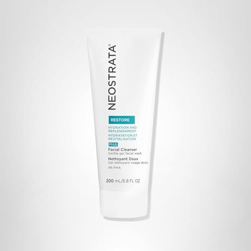 NEOSTRATA PHA Facial Cleanser gentle gel facial wash soap-free and fragrance-free, shown in a clear pump bottle on a bathroom counter.