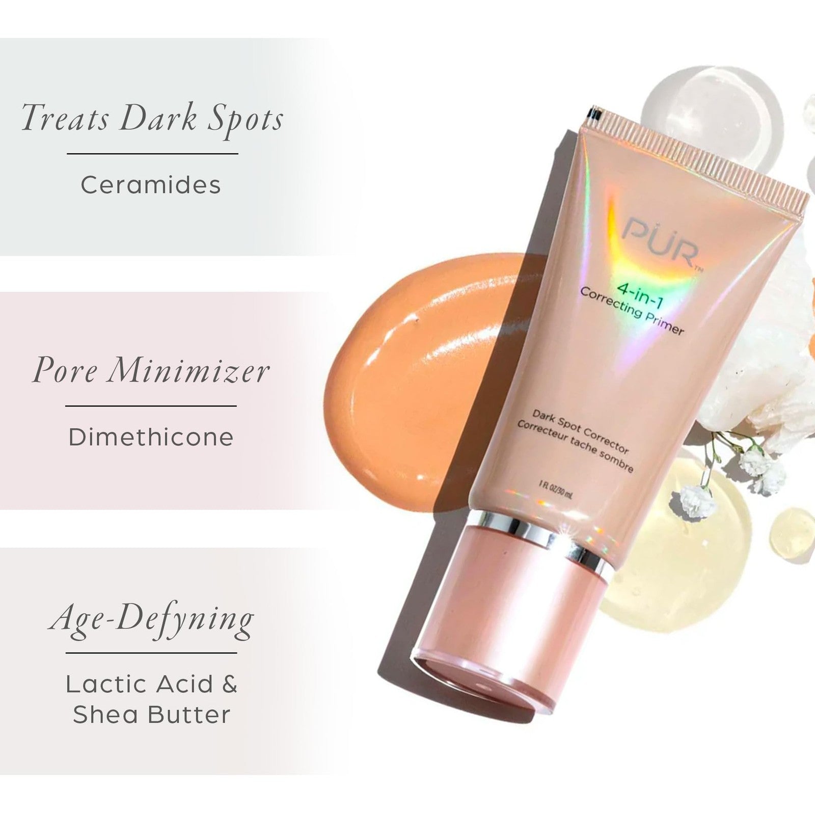 PÜR MINERALS 4-in-1 Correcting Primer with dark spot correcting formula, applied on the face for smooth, even skin.