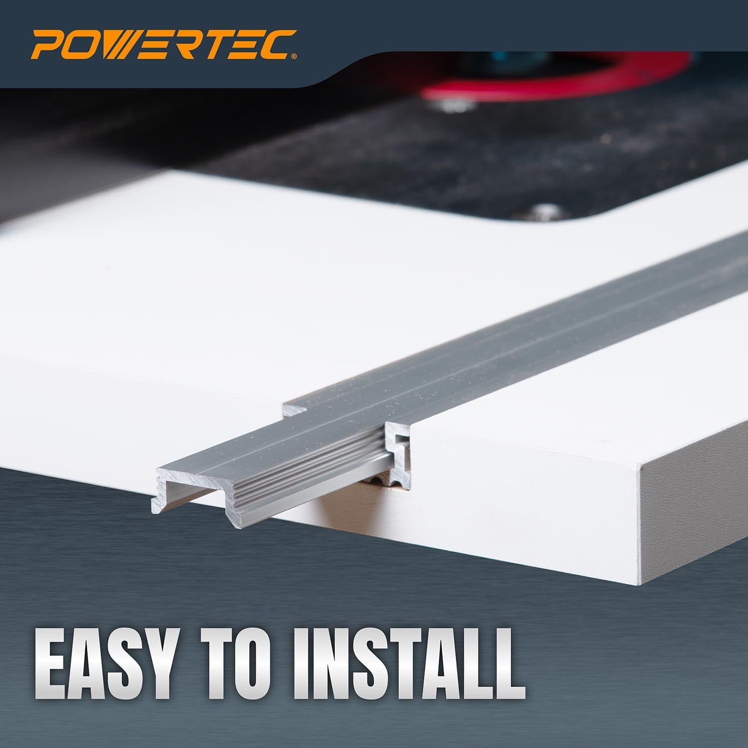 Powertec 32-inch aluminum miter T-track T-bar set for benchtop table saws and routers, shown on a workbench.