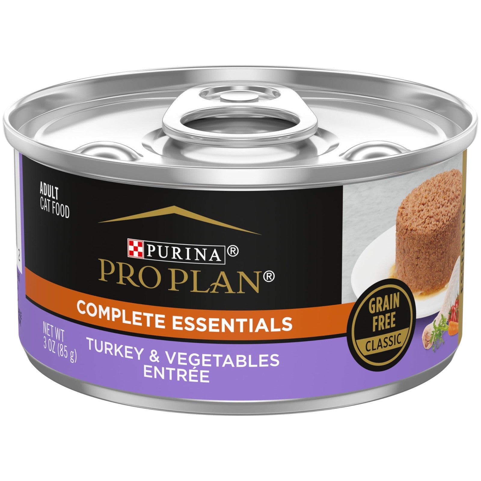 Cans of Purina Pro Plan Wet Cat Food, Complete Essentials Turkey and Vegetables, grain-free formula for feline nutrition.
