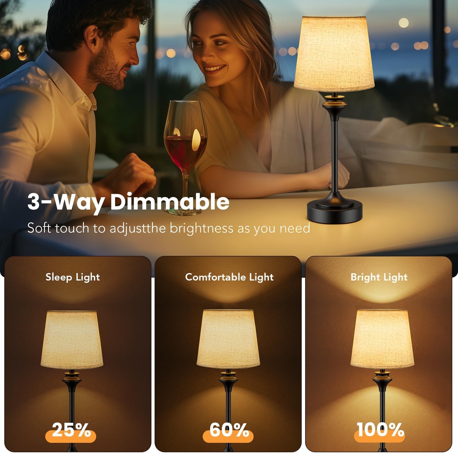 NIORSUN cordless table lamp with flaxen fabric shade, battery operated, portable lighting for indoor or outdoor use.