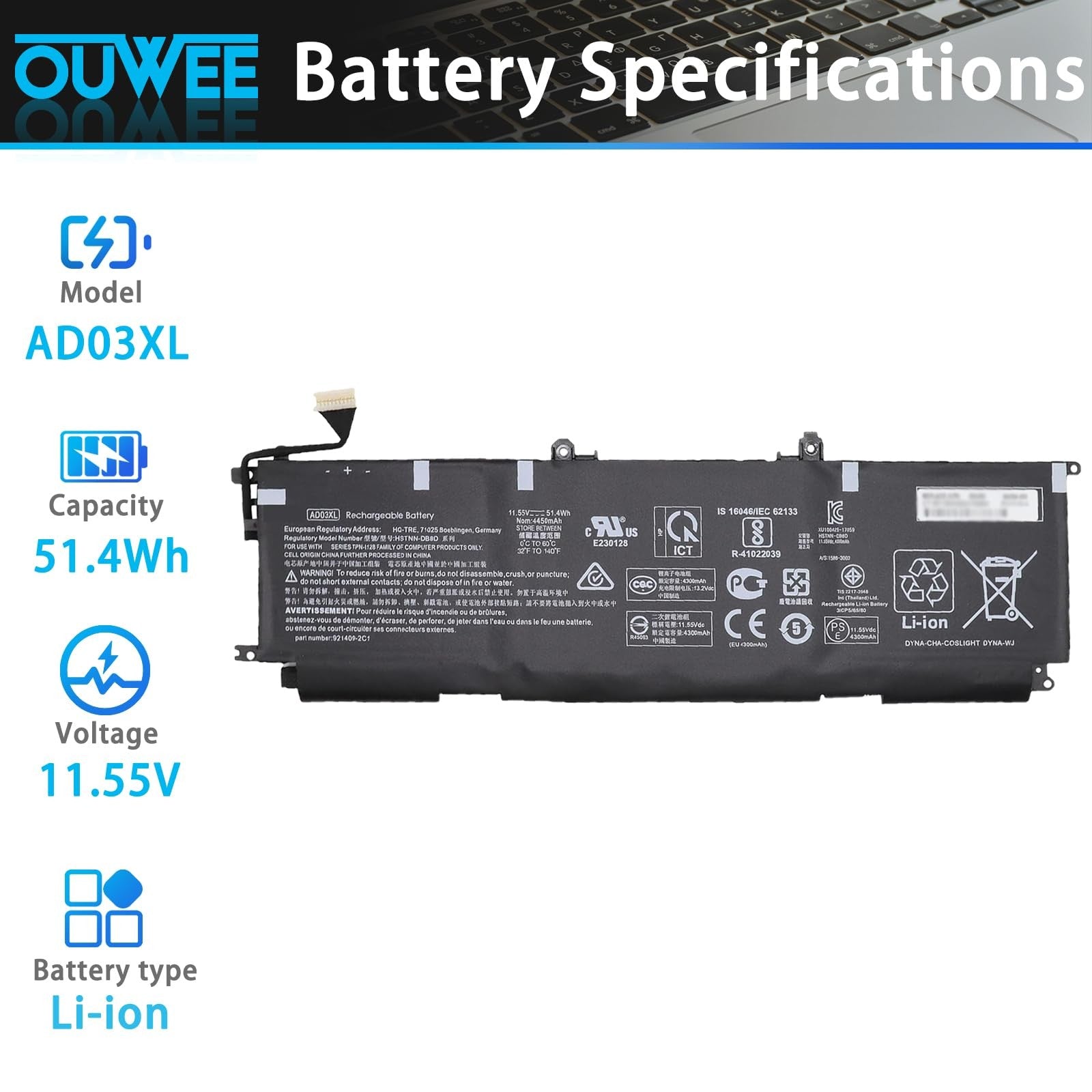 Ouwee Ad03Xl Tpn-I128 laptop battery for HP Envy 13-Ad series, showing the unbranded replacement battery with connectors and labels.