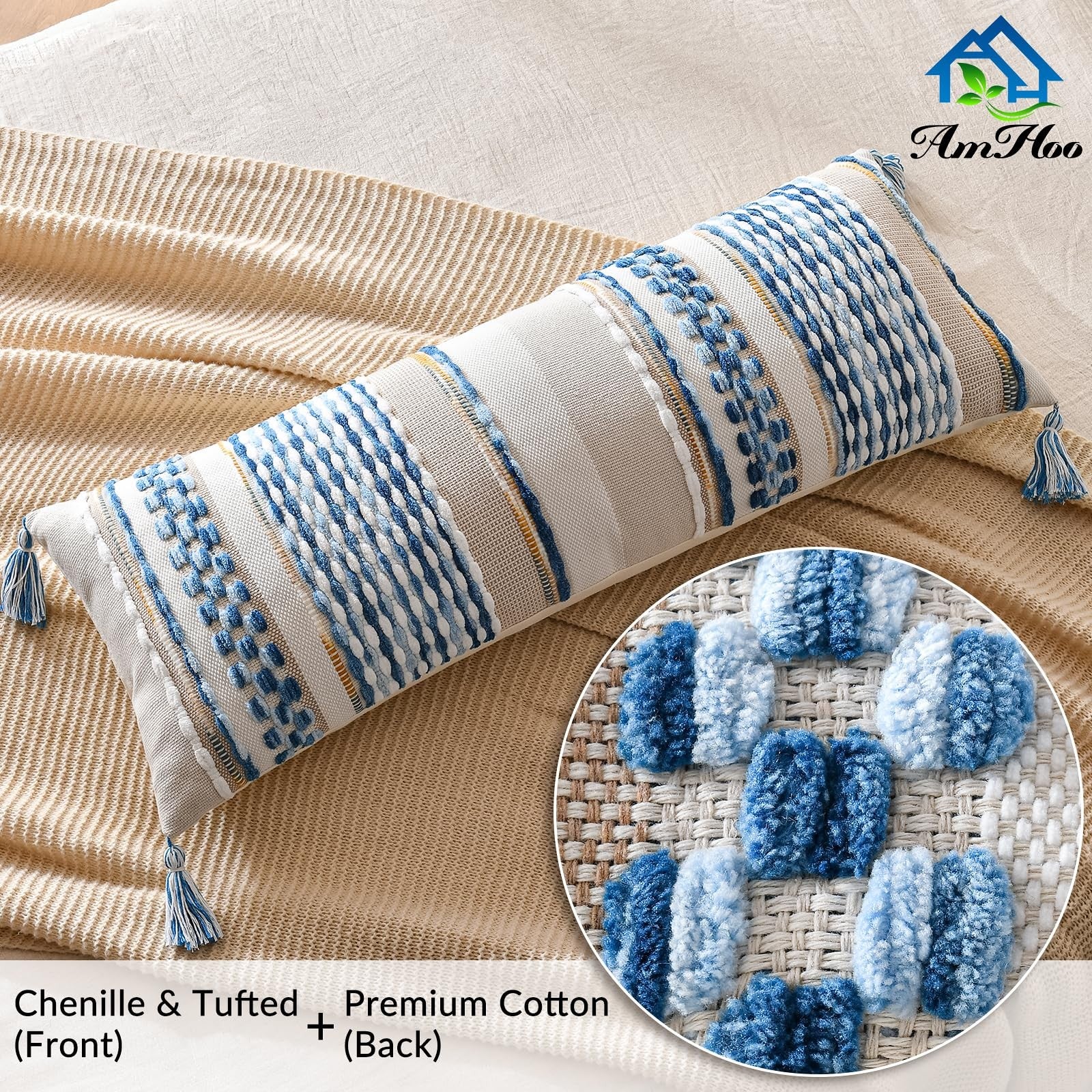 AmHoo chenille striped textured boho throw pillow cover with tassels, showcasing soft fabric and vibrant pattern for cozy décor.
