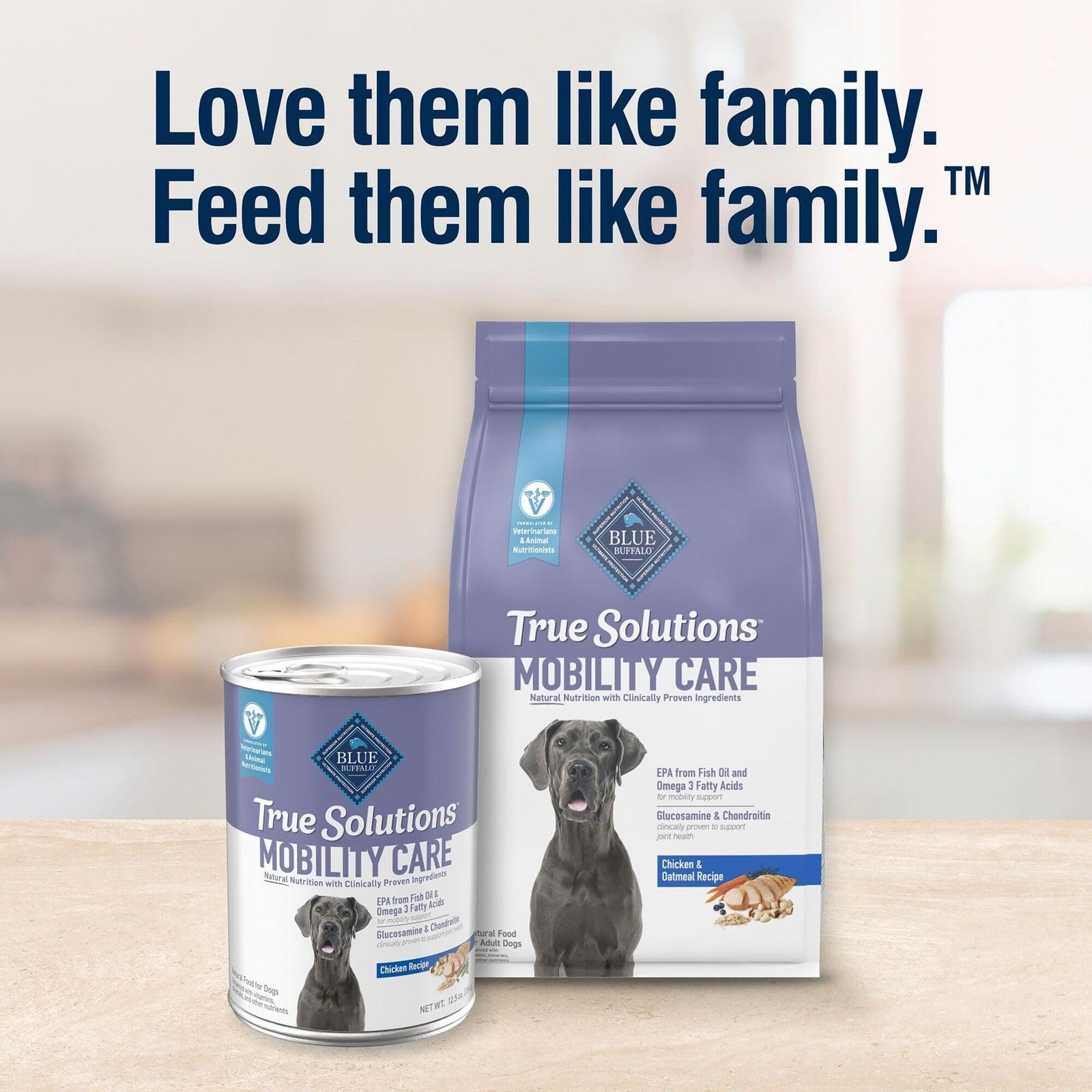 Blue Buffalo True Solutions Mobility Care natural dry dog food for adult dogs, featuring a bag of healthy dog kibble.