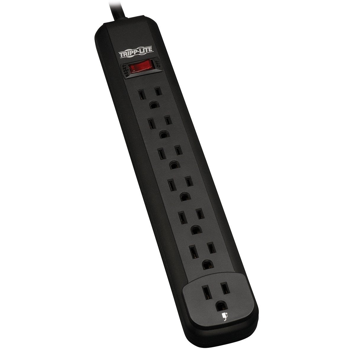 TRIPP LITE 7 outlet power strip with NEMA 5-15R sockets, 25-foot cord, black housing, suitable for office or home use.