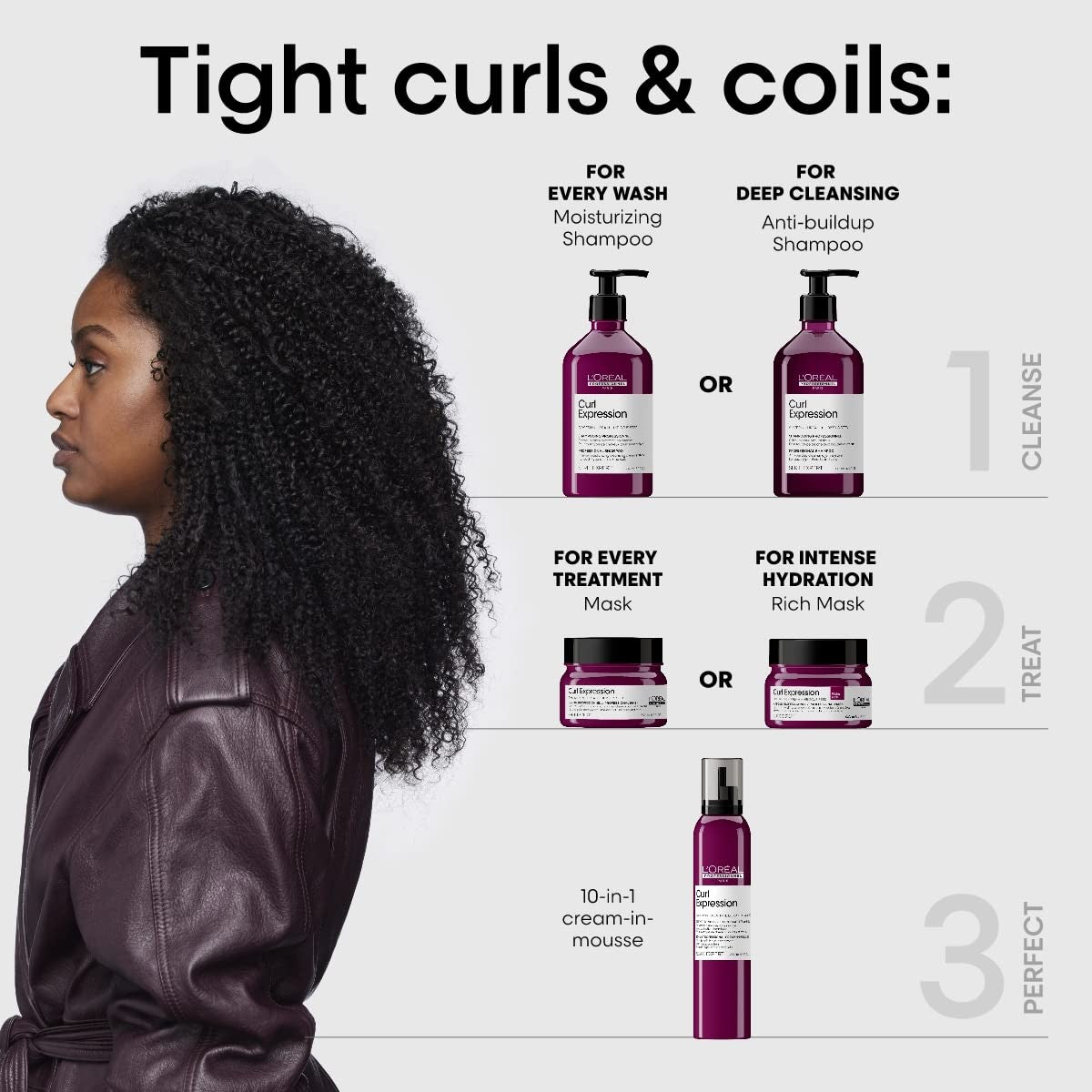 L'Oréal Professionnel Paris Curl Expression Rich Mask for curly and coily hair, showing the jar with product and textured hair.