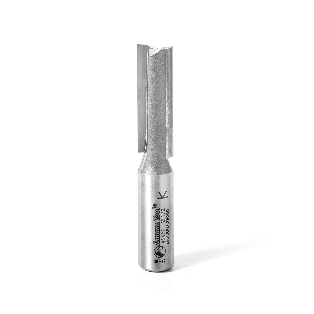 Amana Tool 45422 carbide tipped straight plunge router bit with 1/2-inch diameter and 1-1/2-inch cutting length on a work surface