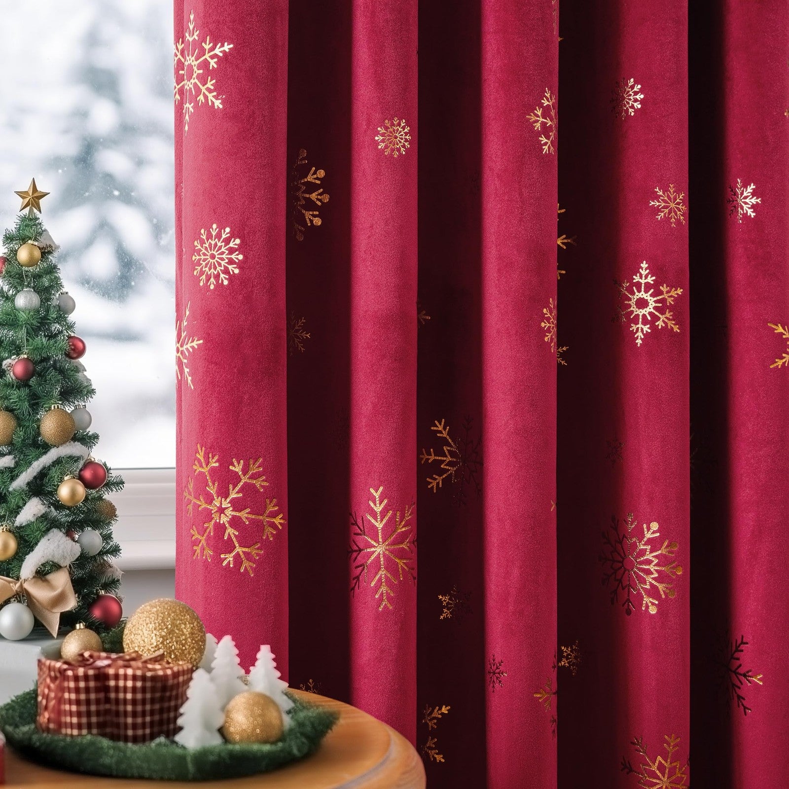 FMFUNCTEX red velvet Christmas blackout curtains with thermal insulation for bedroom, providing privacy and energy efficiency.