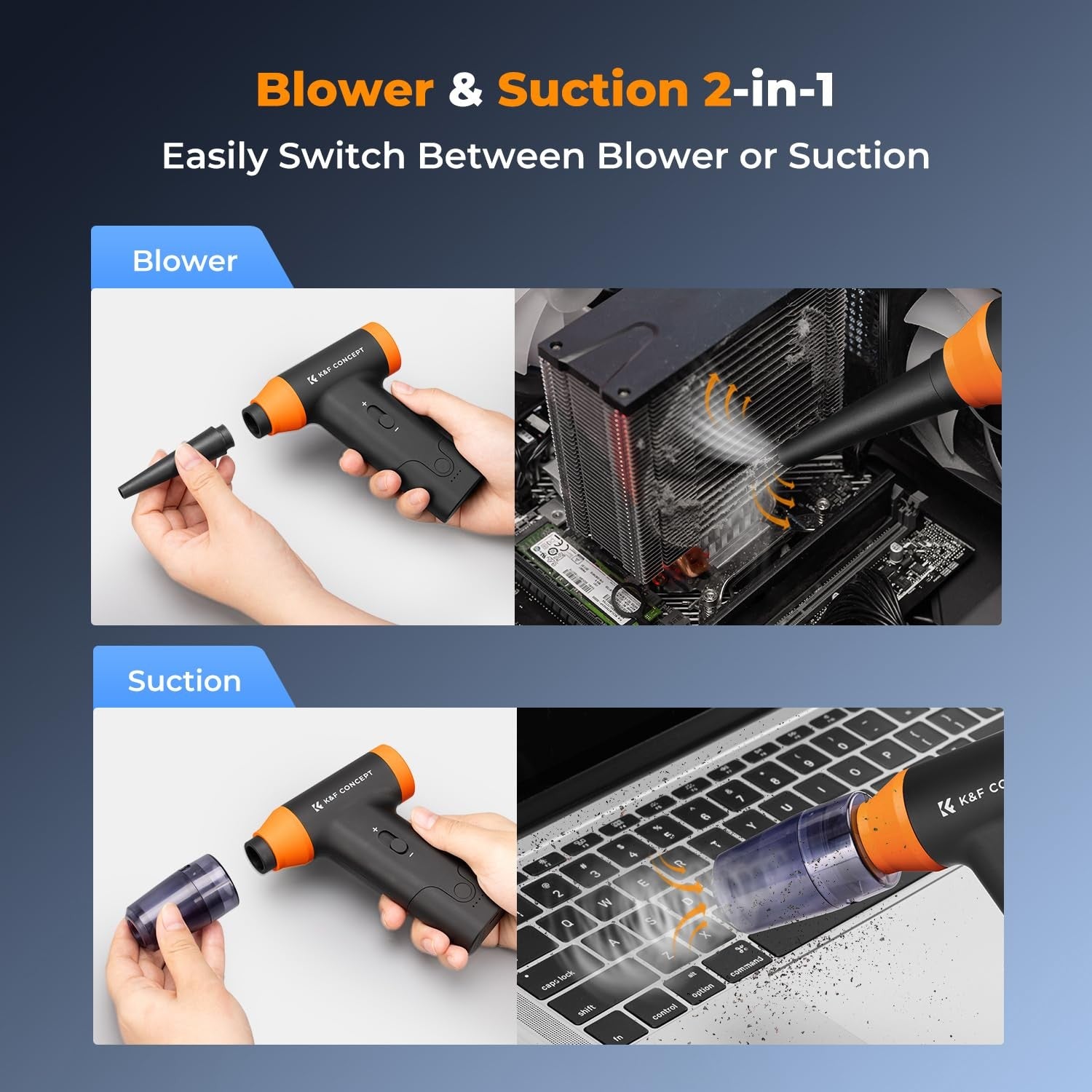 K&F Concept electric air duster blower with stepless speed control, 150000 RPM for cleaning PCs and car interiors.