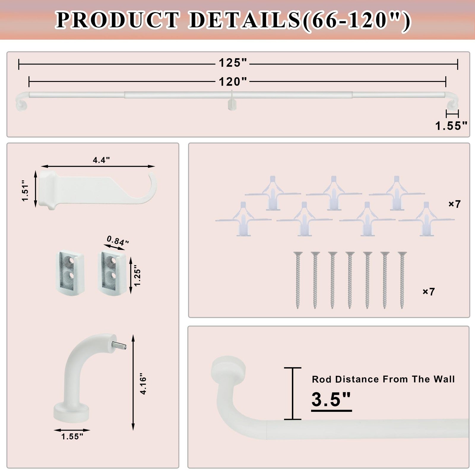 Matte white Lwiiom curtain rod with 1-inch disc wrap around design, adjustable length from 66 to 120 inches for window curtains.