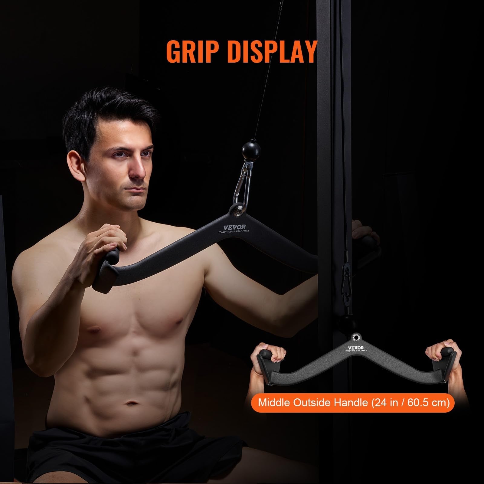 VEVOR LAT pulldown attachment with V-bar for cable machine rowing and tricep exercises, shown attached to a fitness cable system.