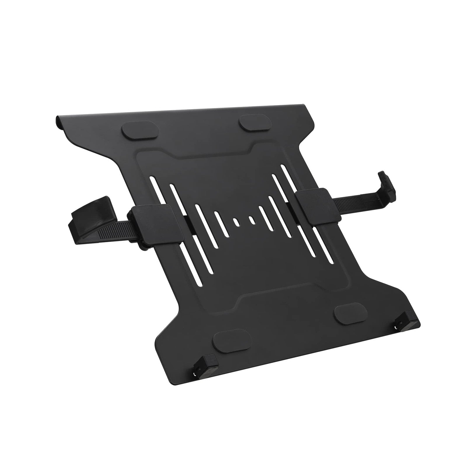 Kensington laptop holder compatible with VESA-mount monitor arms, shown attached to a monitor arm with a laptop secured in place.