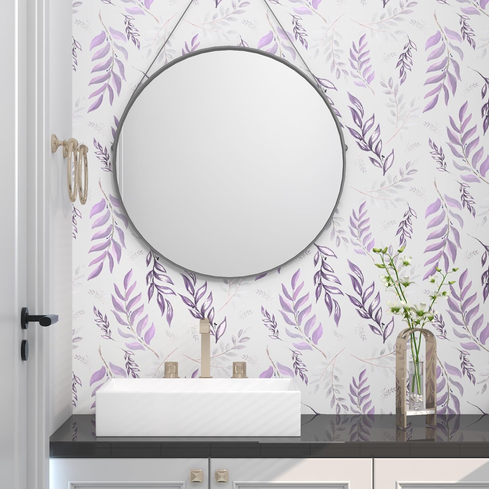 White and purple leaf botanical wallpaper peel and stick contact paper, featuring leafy design, 17.5-inch width from Laatse.