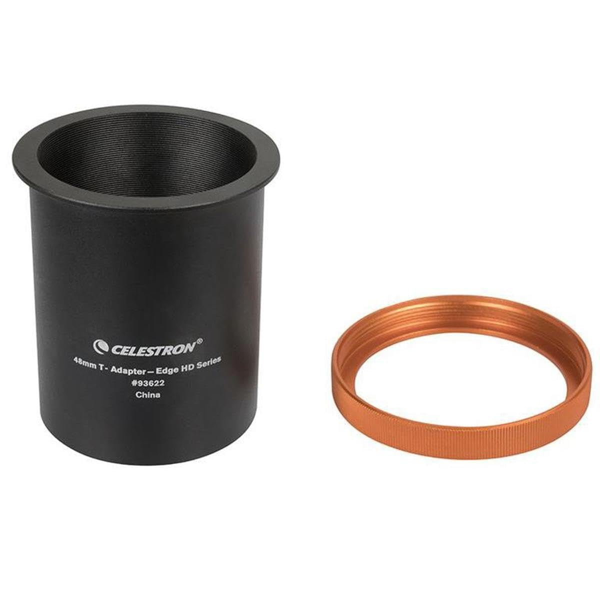 Celestron 48mm T-Adapter for EdgeHD telescopes, showing the metal adapter with threading for astrophotography and camera attachment.