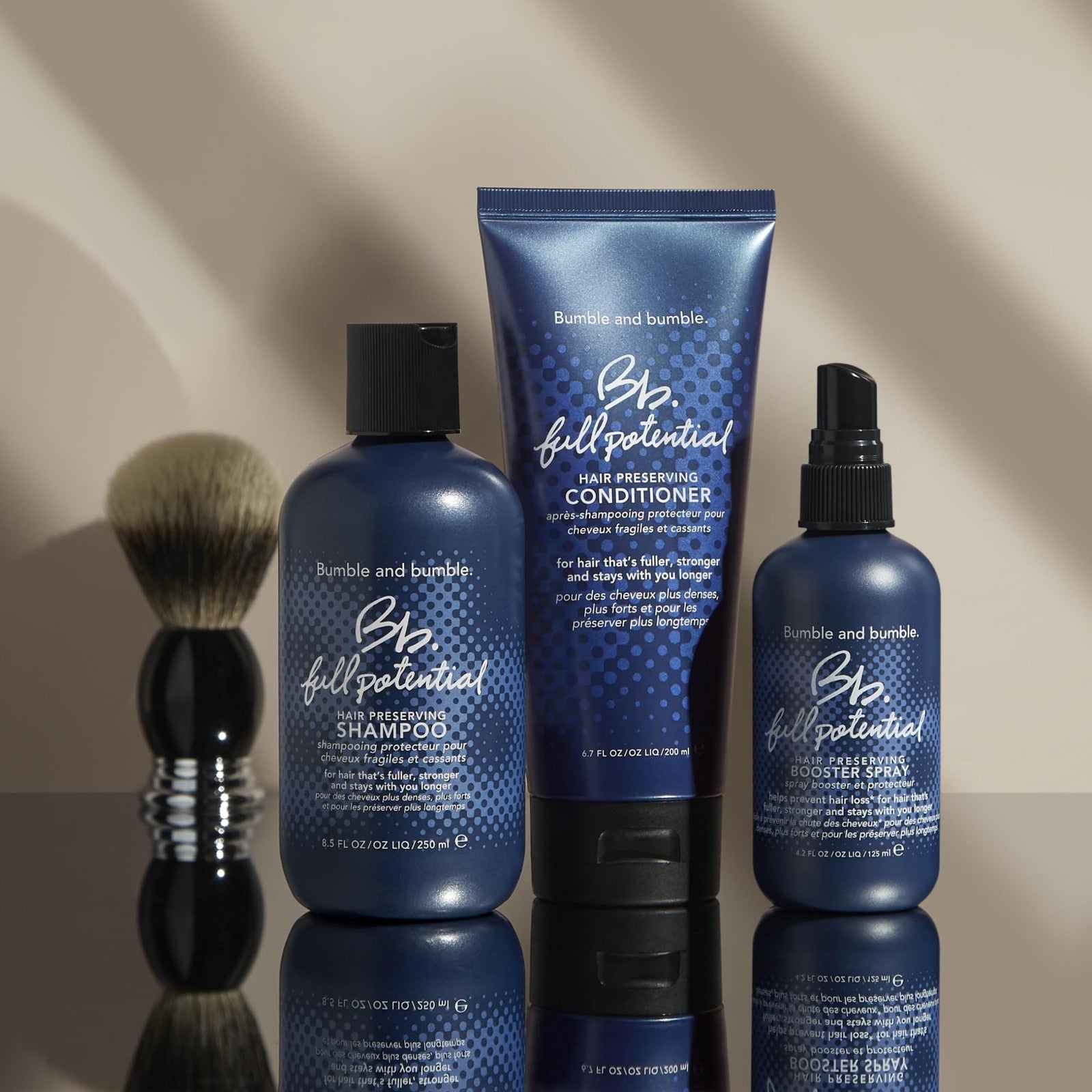 Bumble and bumble Full Potential Hair Preserving Shampoo bottle with white label and black cap, designed for strengthening hair.