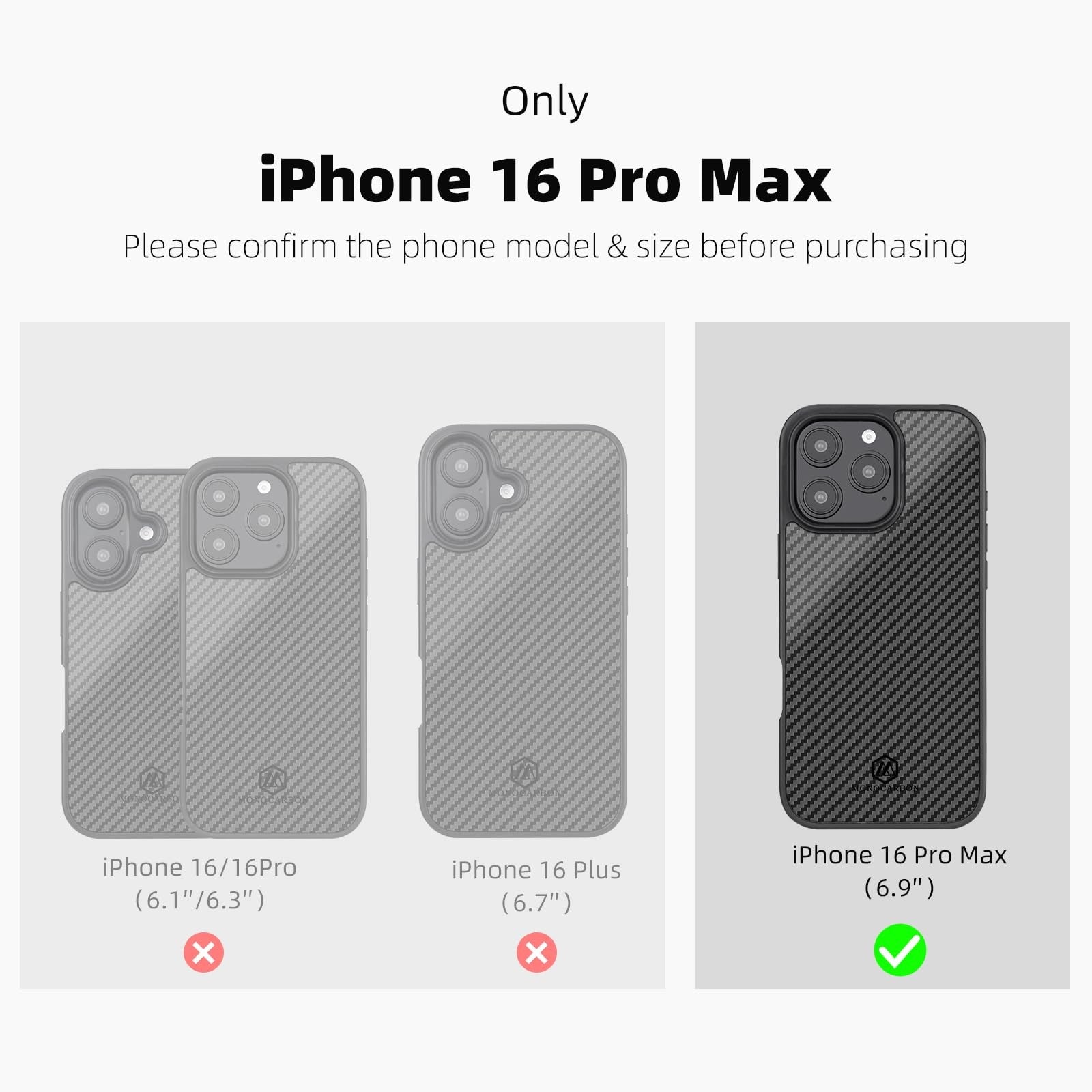 MONOCARBON Real 3K Carbon Fiber case for iPhone 16 Pro Max, military-grade 6.9-inch protective cover, sleek and durable design